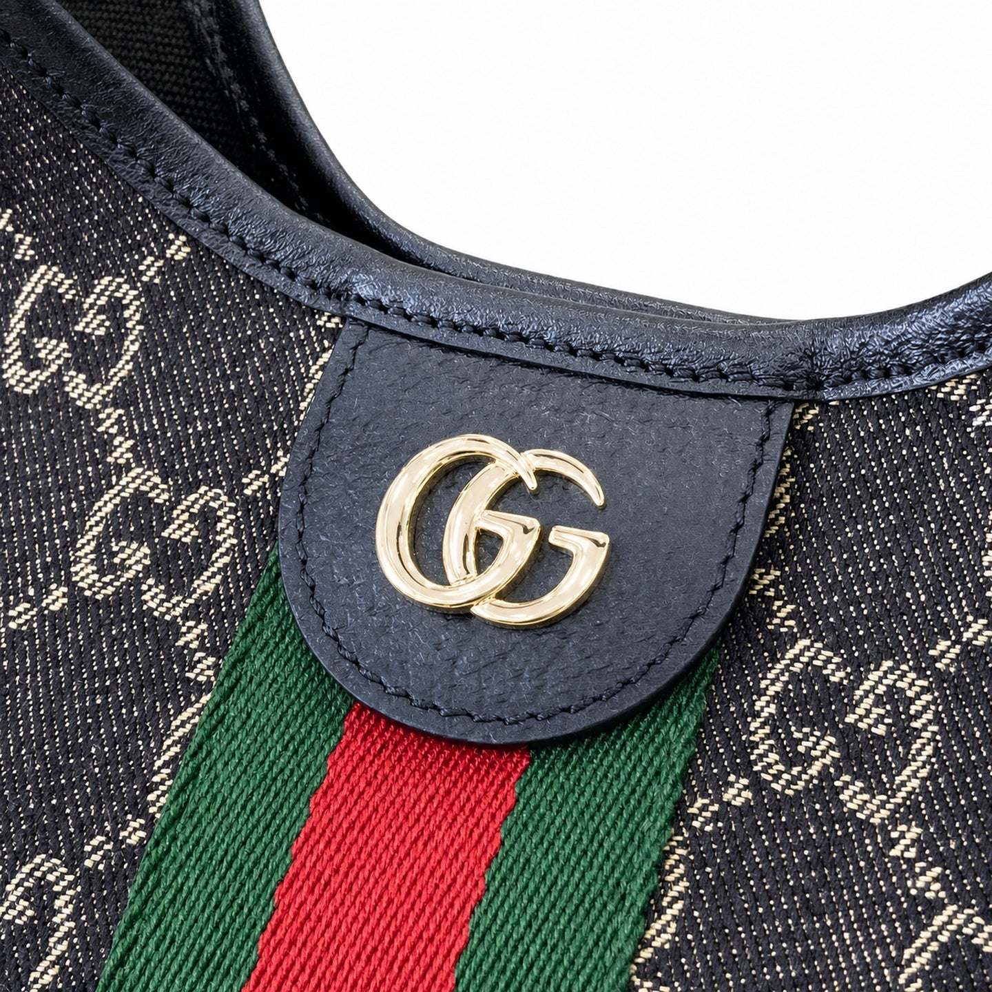 Gucci Giglio Small Cotton Denim Canvas Leather Black White Red Green Gold Tote Bag