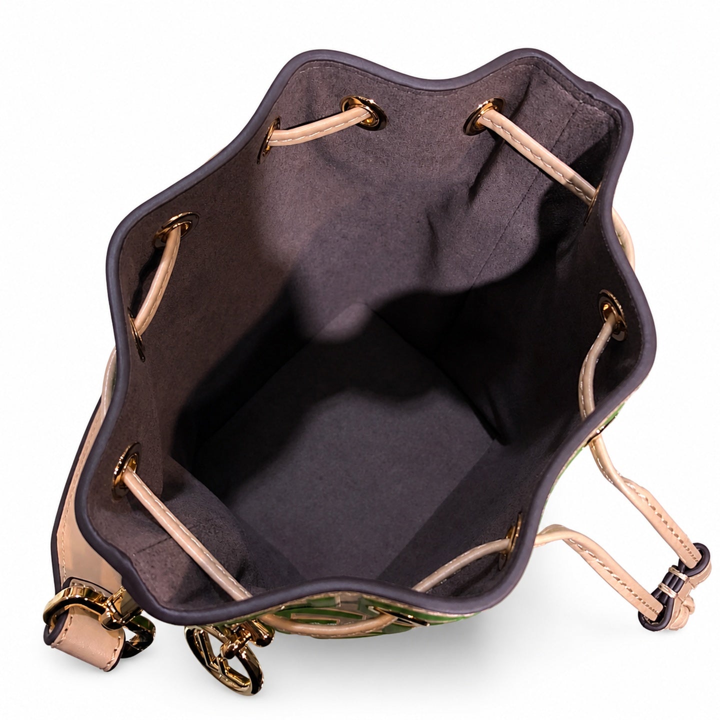 Fendi Mon Tresor Small Leather Beige Green Gold Bucket Bag