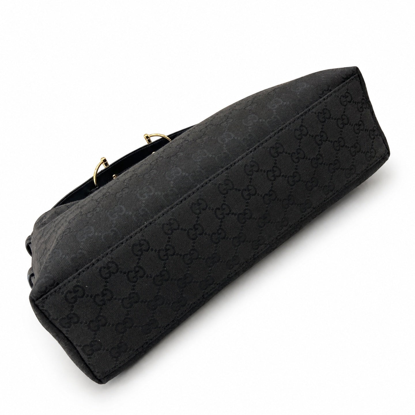 Gucci Horsebit Cotton Canvas Black Beige Gold Handbag