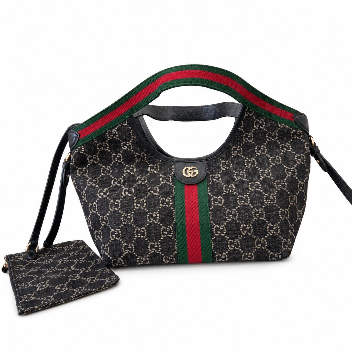 Gucci Giglio Small Cotton Denim Canvas Leather Black White Red Green Gold Tote Bag