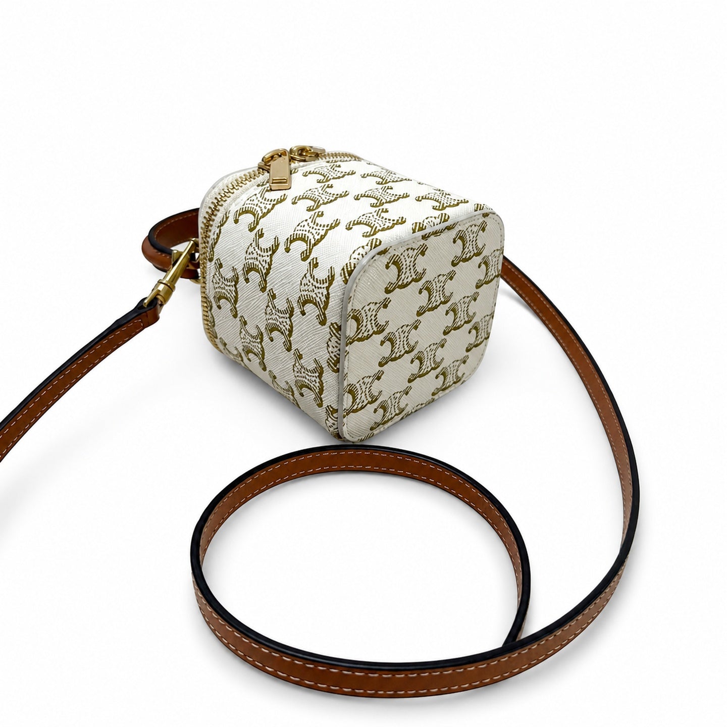 Celine Double Zip Small White Brown Bag