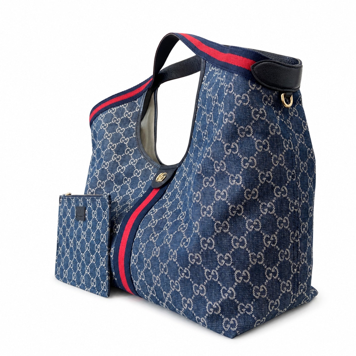 Gucci Giglio Cotton Denim Leather White Brown Red Blue Gold Tote Bag
