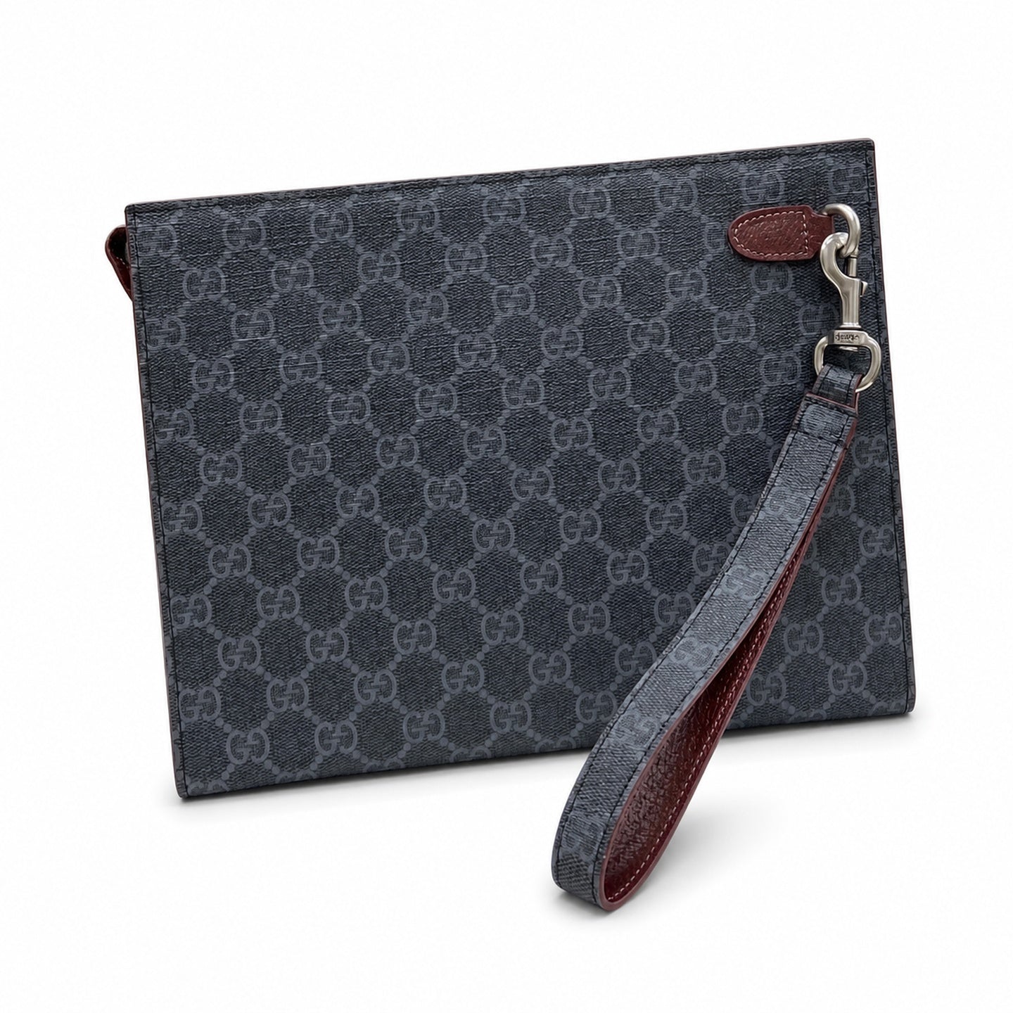 Gucci Supreme Canvas Leather Black Gray Burgundy Clutch