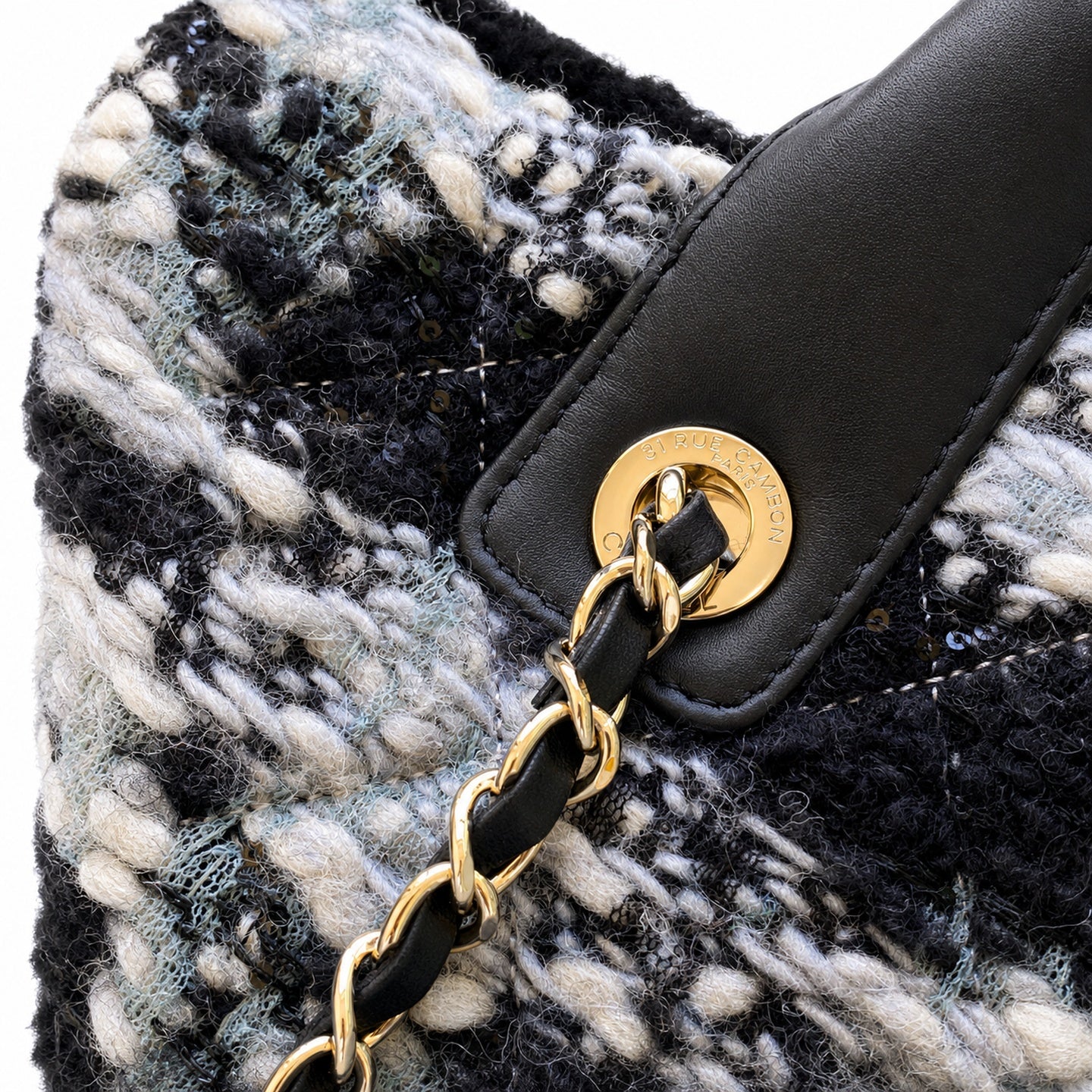 Chanel 25 Tweed Leather Check Black Gray Silver Handbag