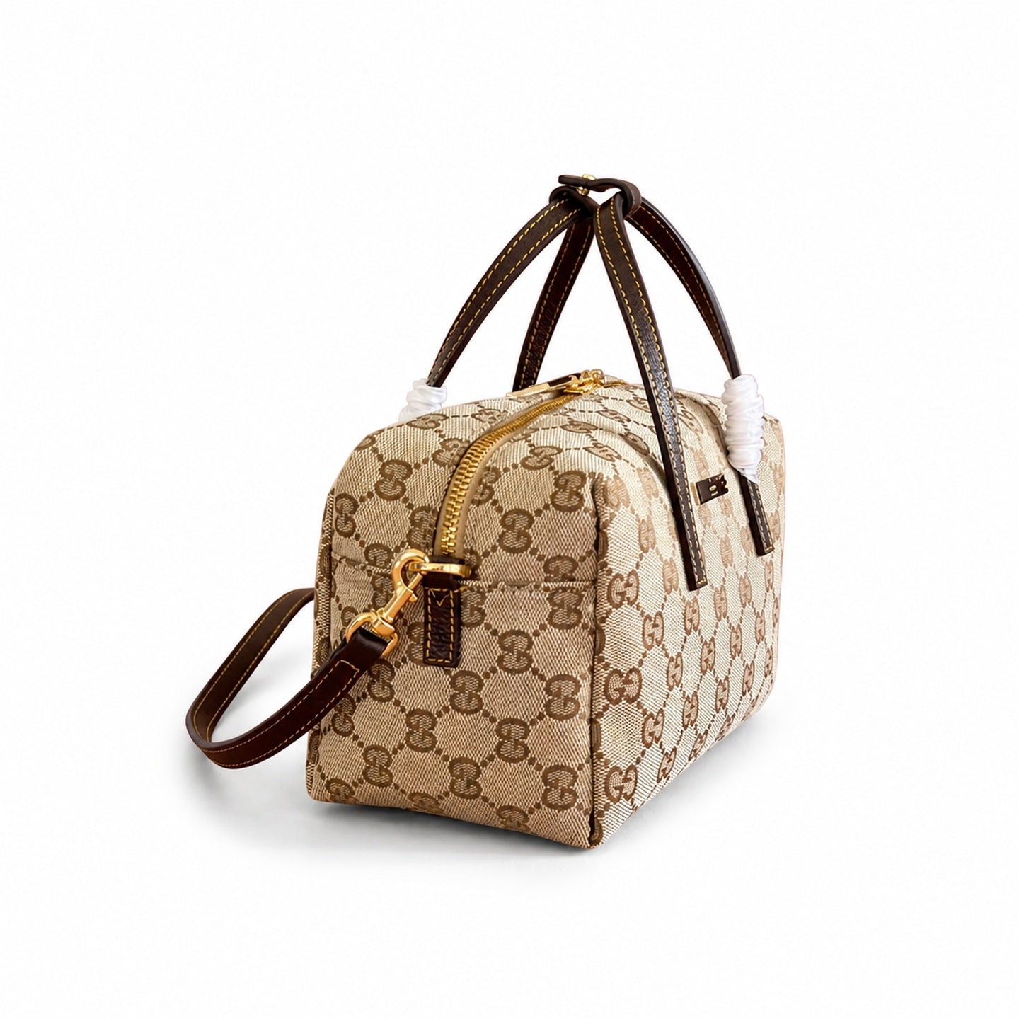 Gucci Small Denim Canvas Leather Brown Blue Boston Bag
