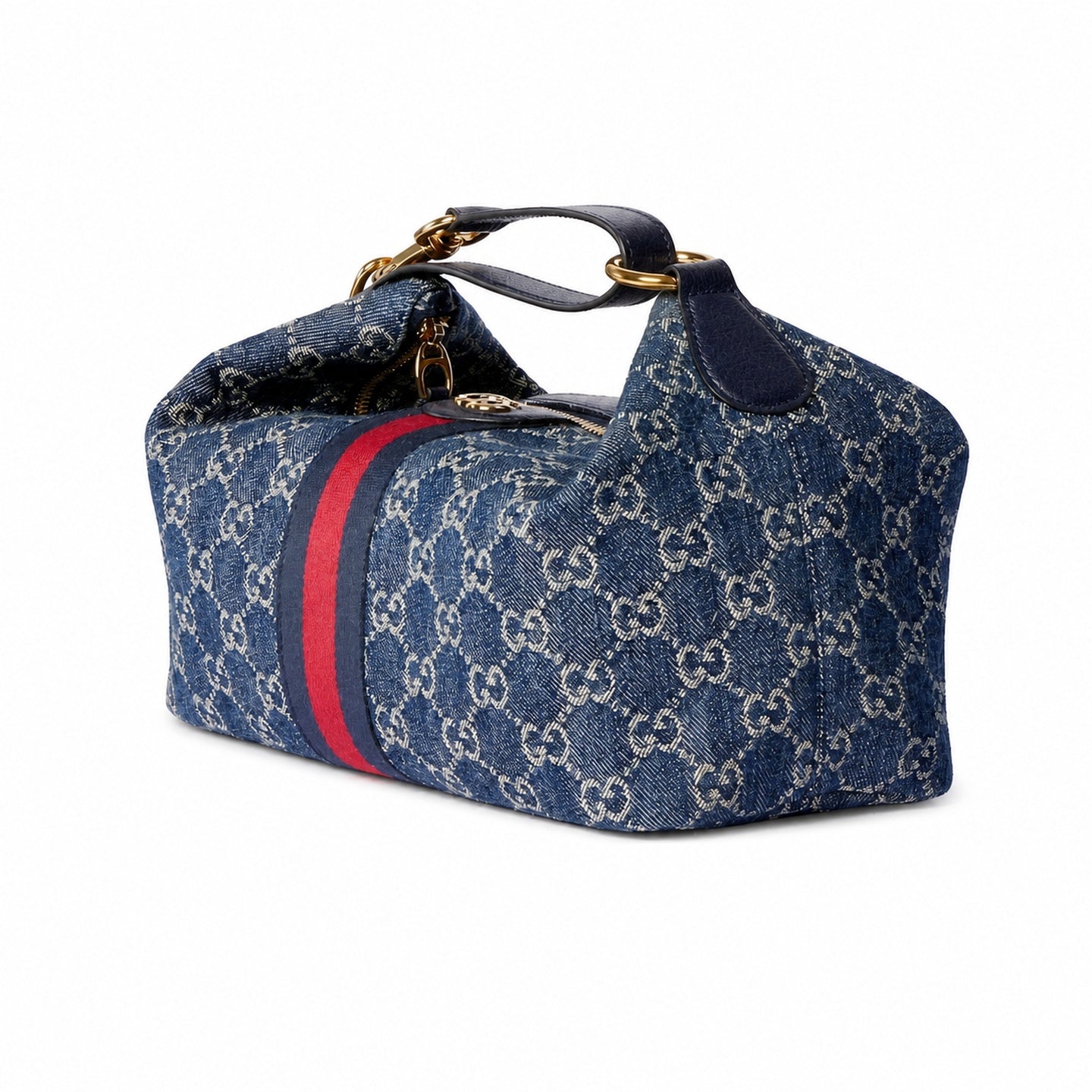 Gucci Cotton Denim Leather White Brown Blue Gold Bag