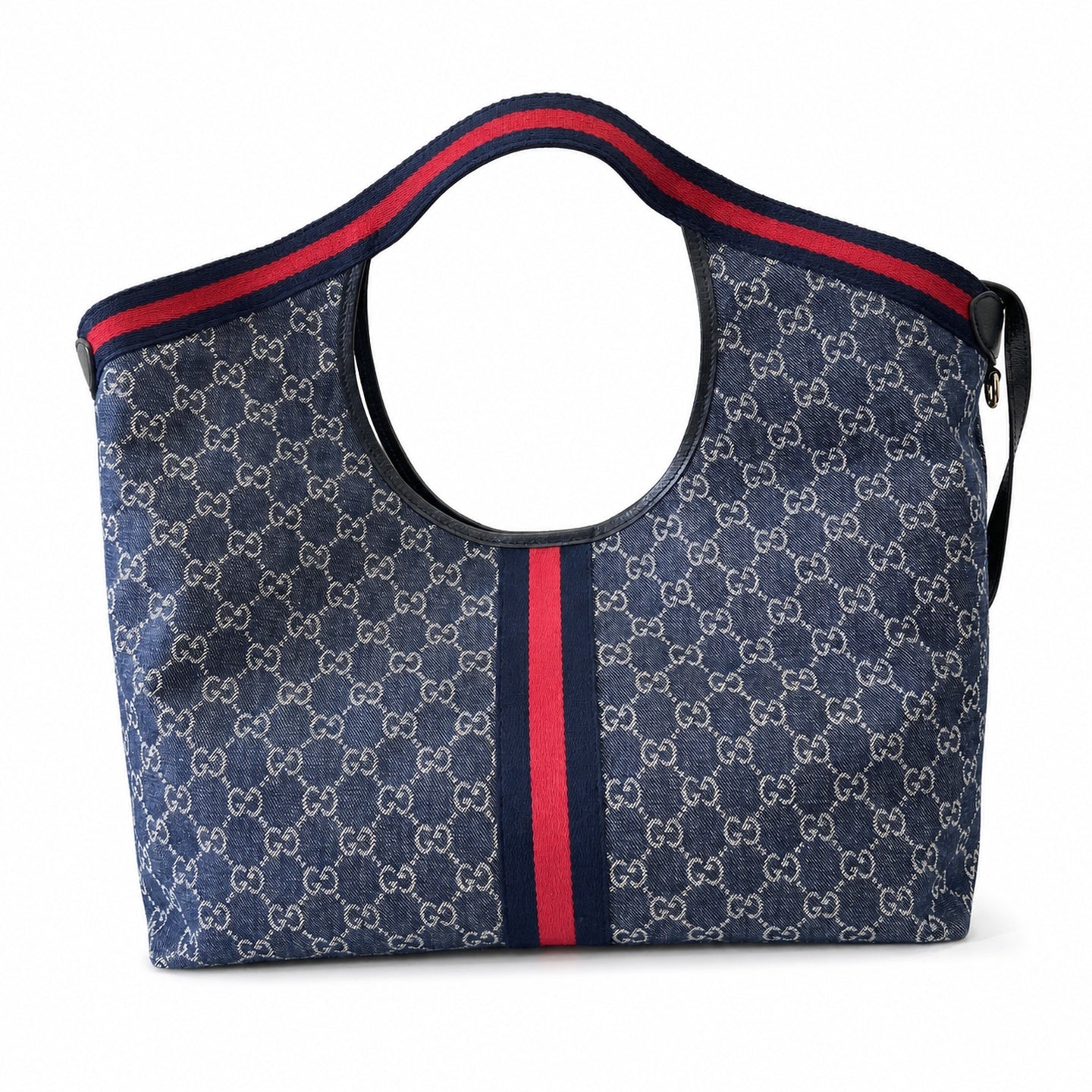 Gucci Giglio Cotton Denim Leather White Brown Red Blue Gold Tote Bag