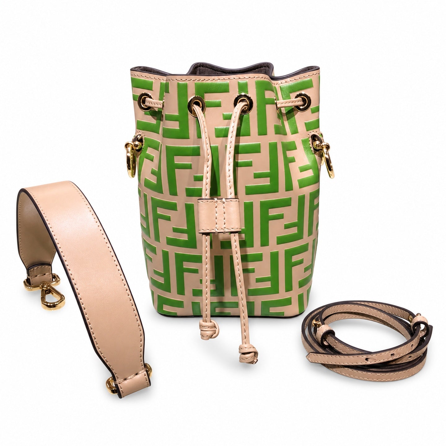Fendi Mon Tresor Small Leather Beige Green Gold Bucket Bag