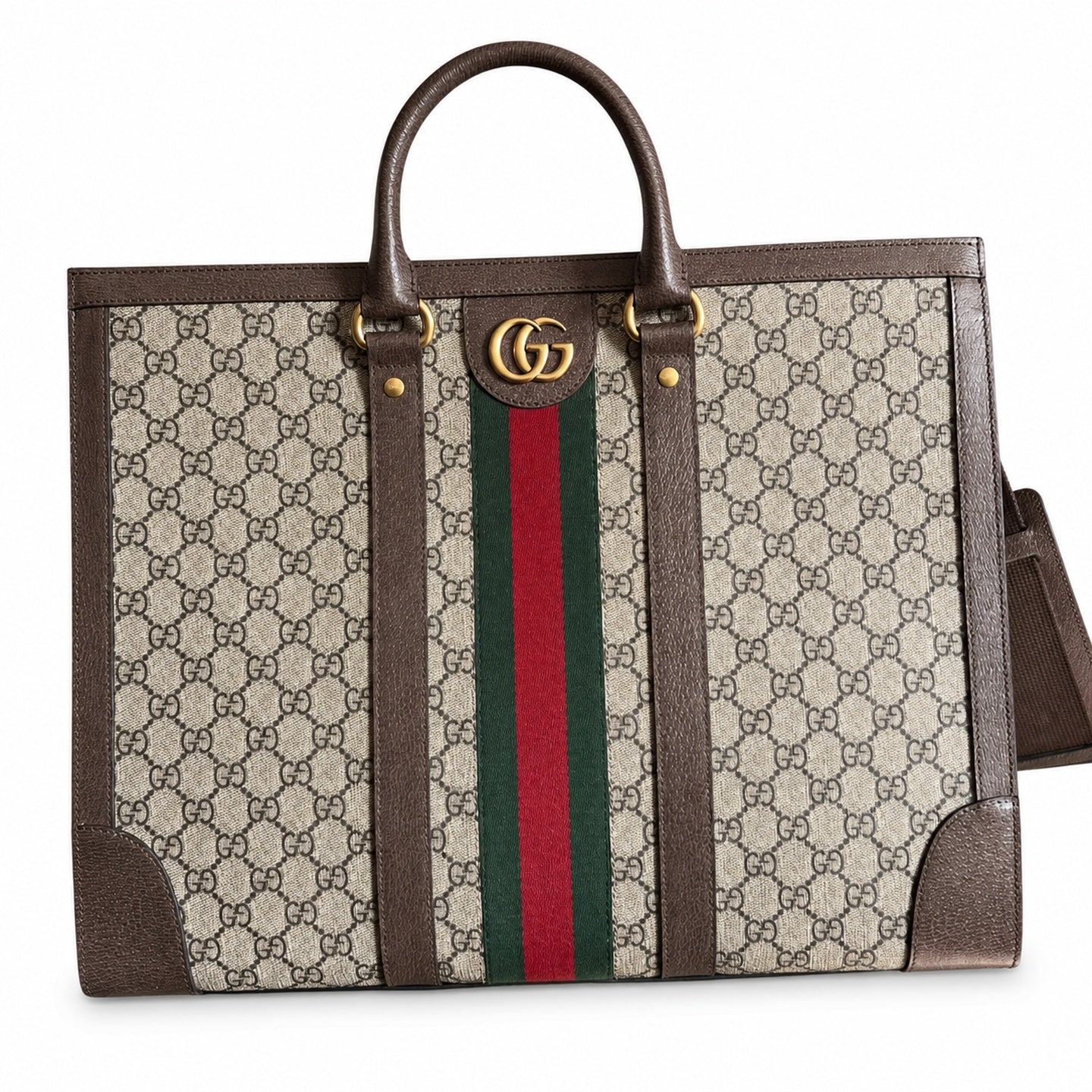 Gucci Ophidia Supreme Large Cotton Canvas Leather Beige Brown Red Green Gold Shopping Bag