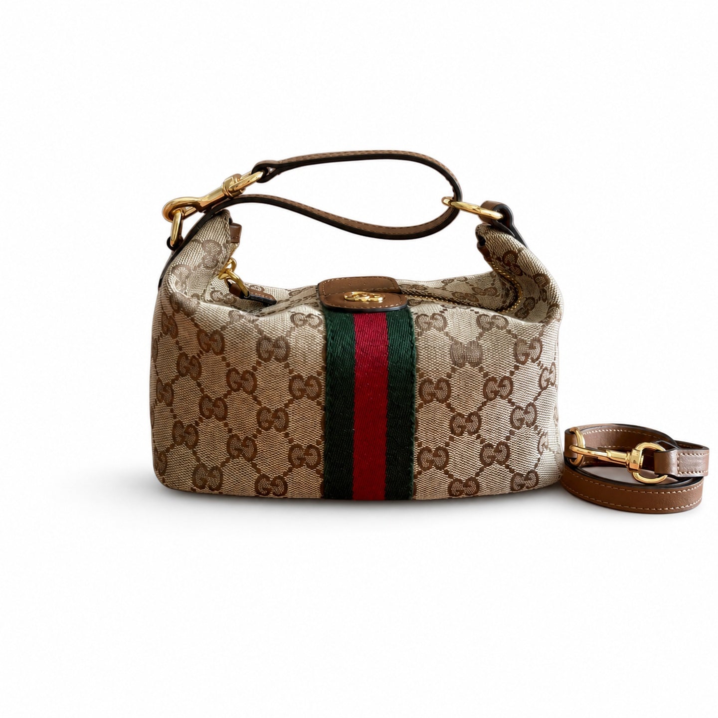 Gucci Cotton Canvas Leather Beige Brown Green Gold Bag