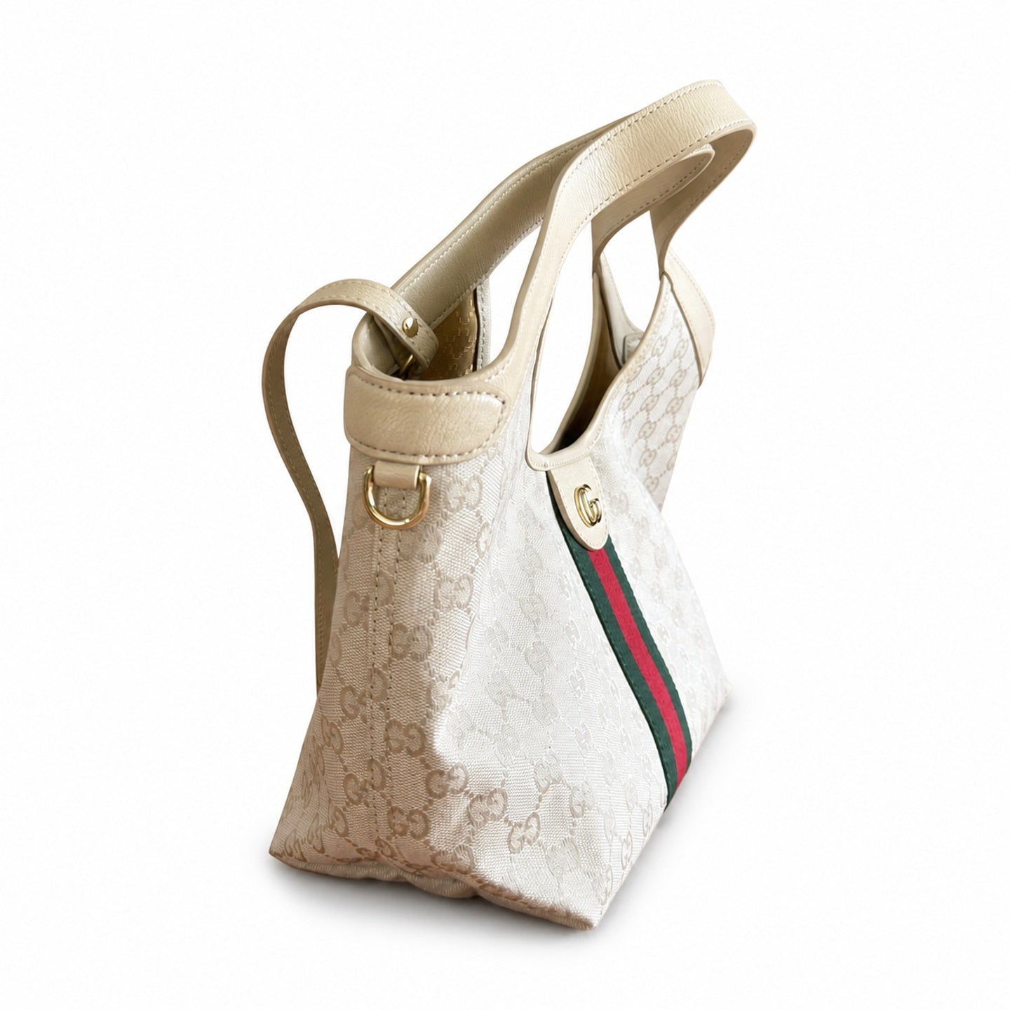 Gucci Giglio Small Cotton Canvas Leather White Beige Brown Red Green Gold Tote Bag