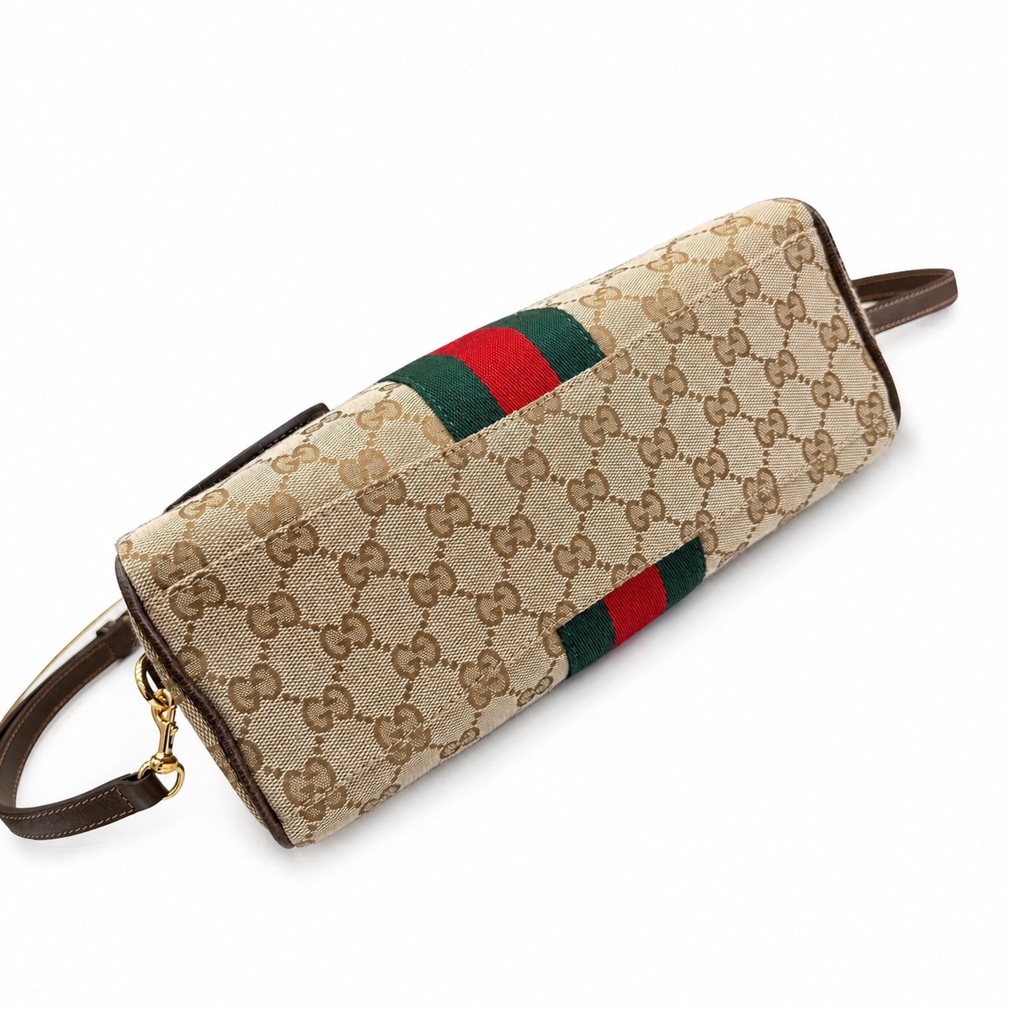 Gucci Horsebit Double Zip Canvas Leather Beige Brown Gold Handbag