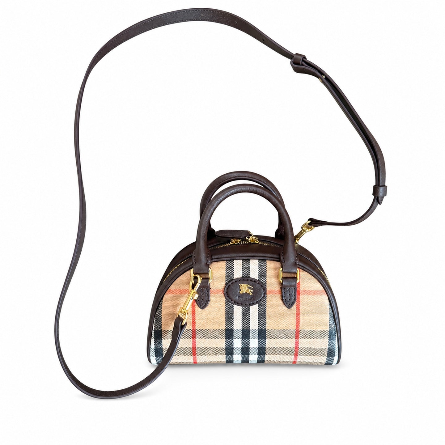 Burberry Highlands Mini Cotton Jacquard Leather Check Bowling Bag