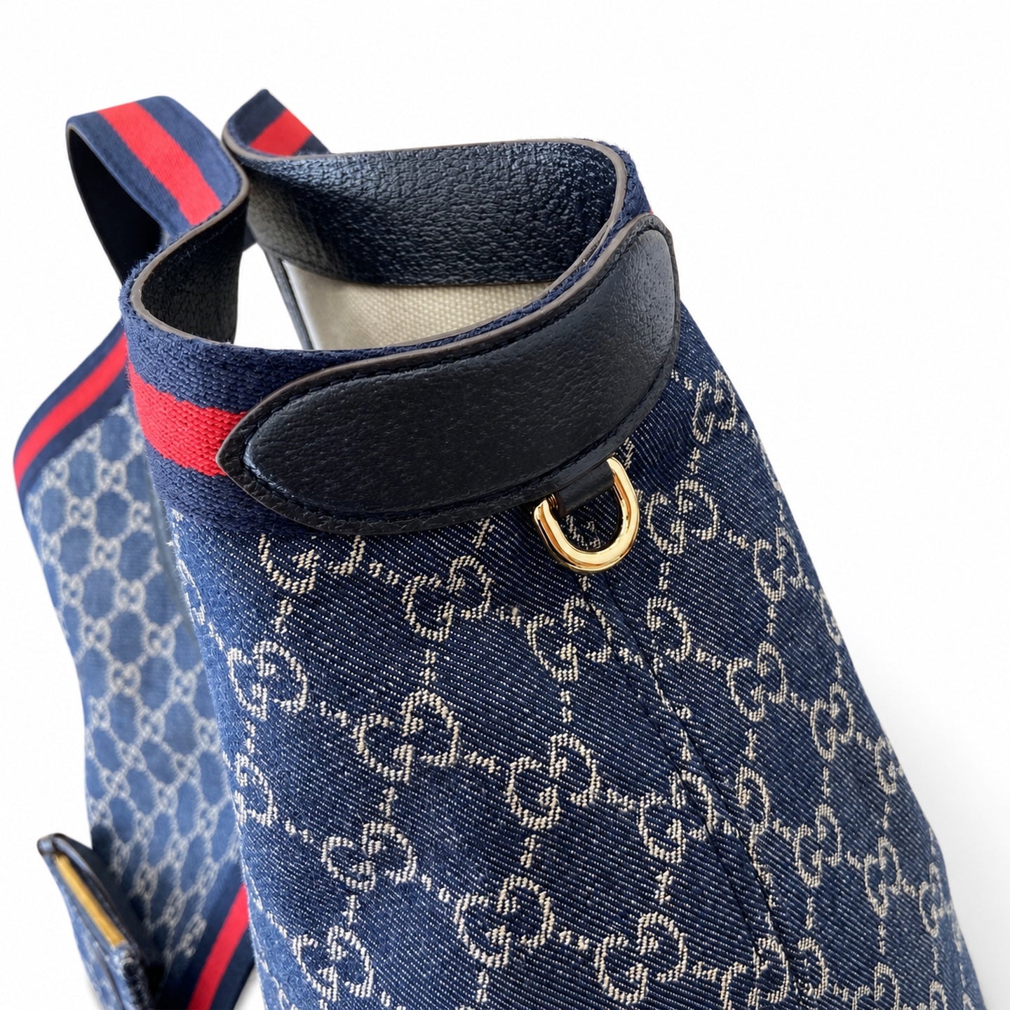 Gucci Giglio Cotton Denim Leather White Brown Red Blue Gold Tote Bag