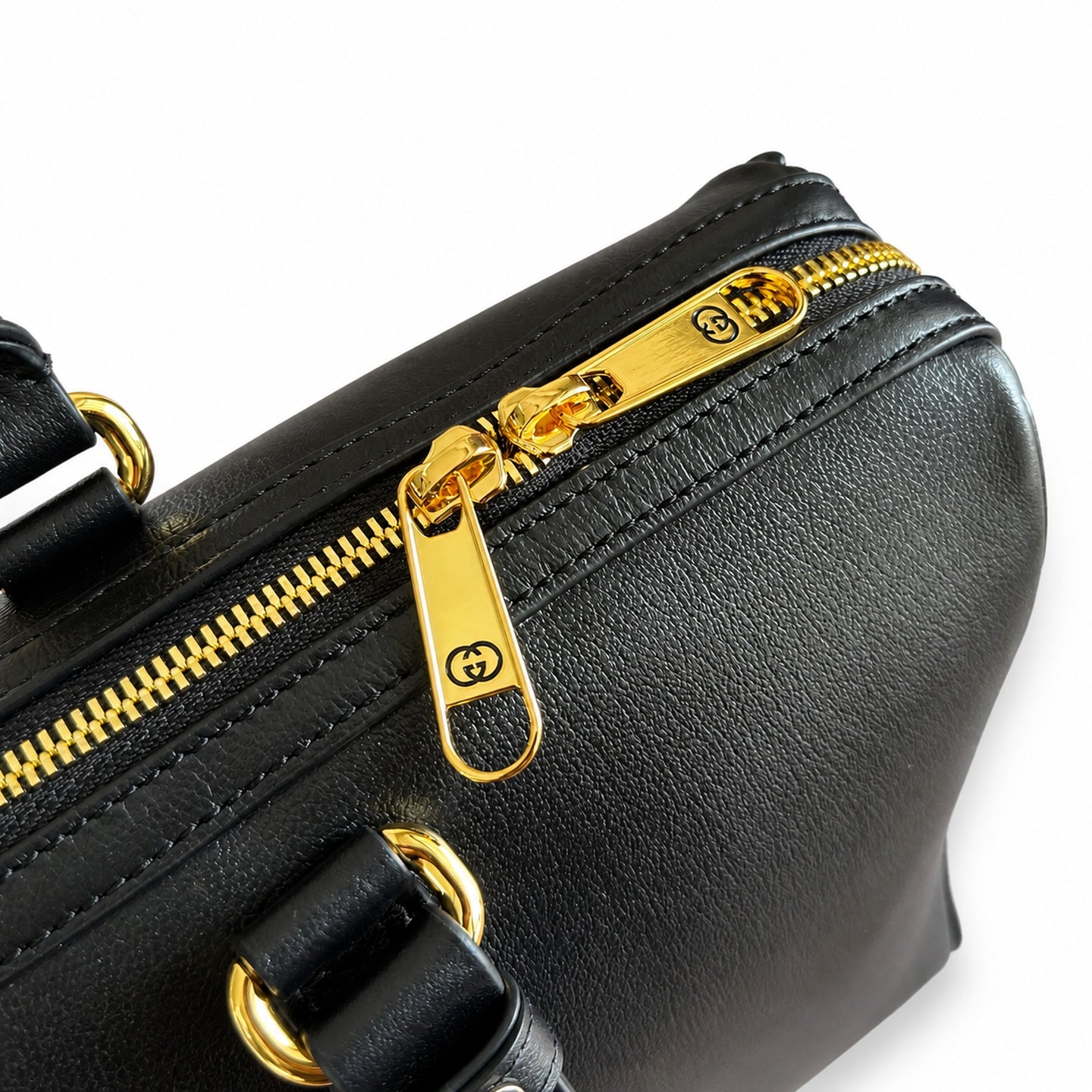 Gucci Horsebit Double Zip Canvas Leather Black Gold Handbag