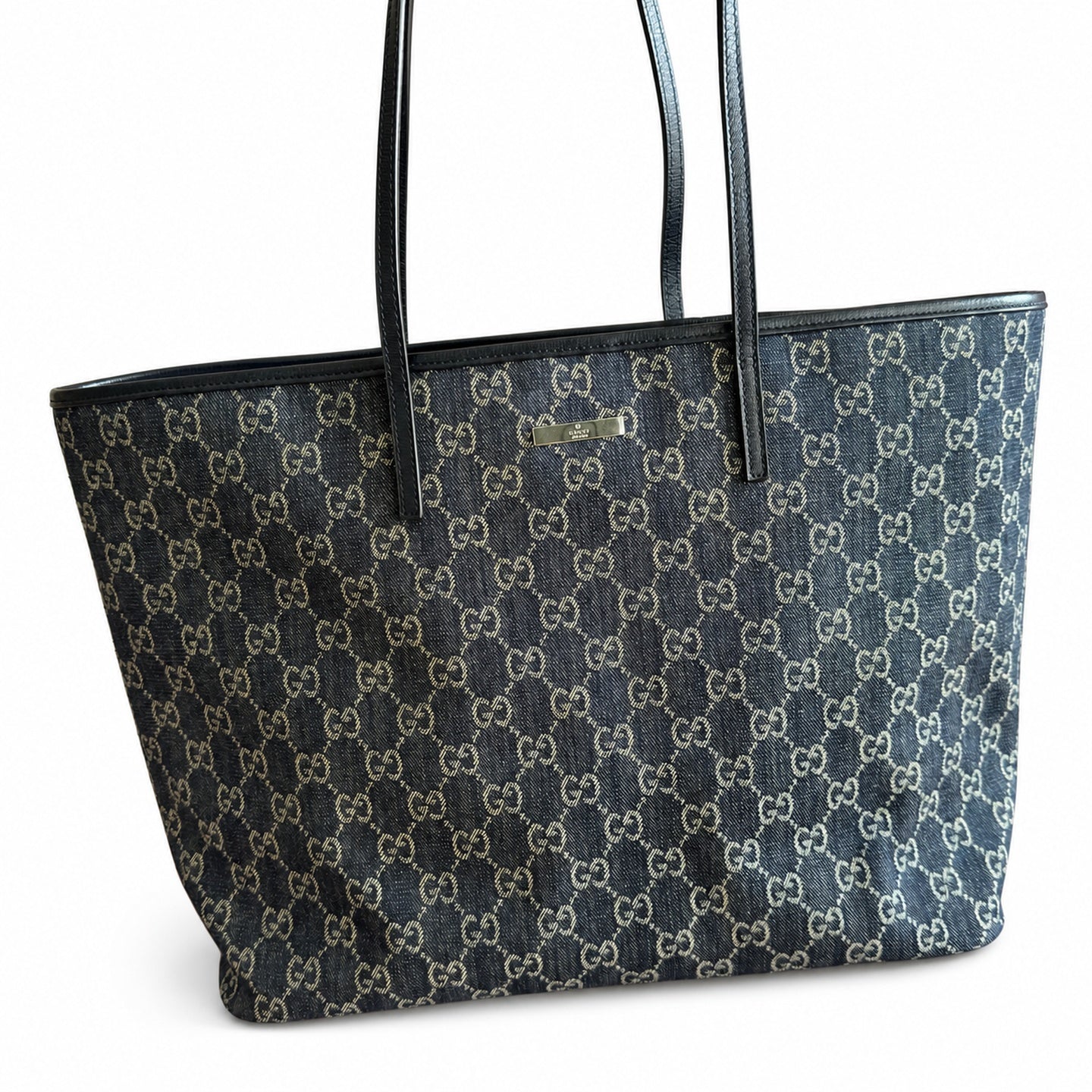 Gucci Cotton Denim Canvas Leather Brown Blue Gold Tote Bag