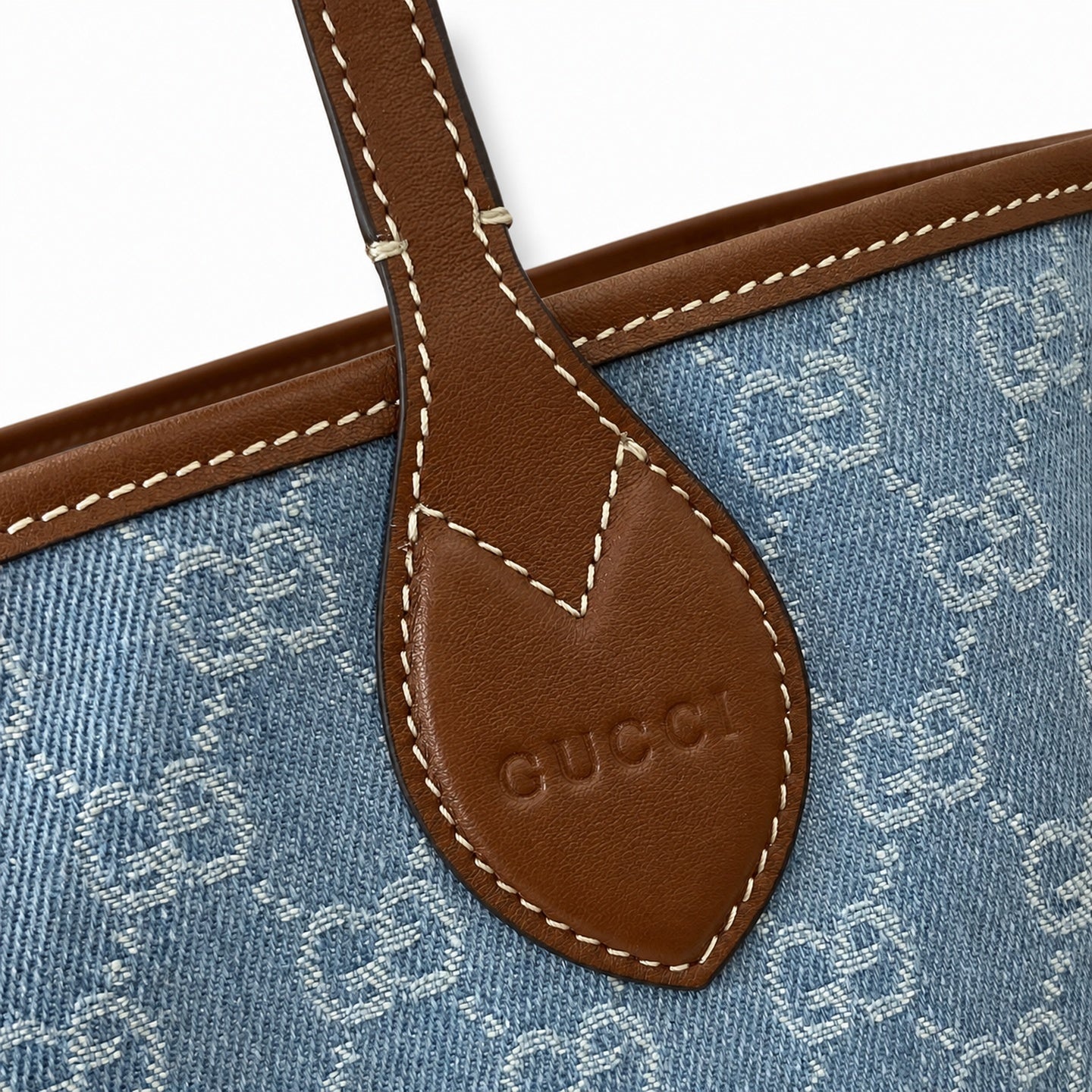 Gucci Denim Leather White Brown Blue Gold Tote Bag