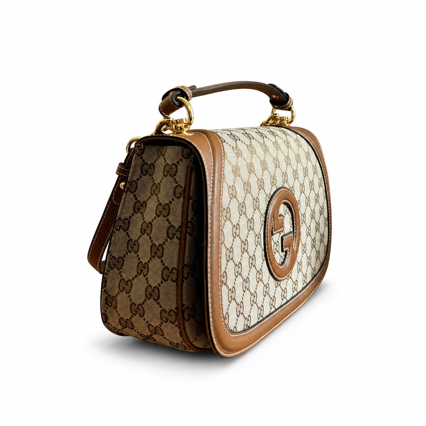 Gucci Blondie Medium Cotton Canvas Leather Beige Brown Gold Handbag
