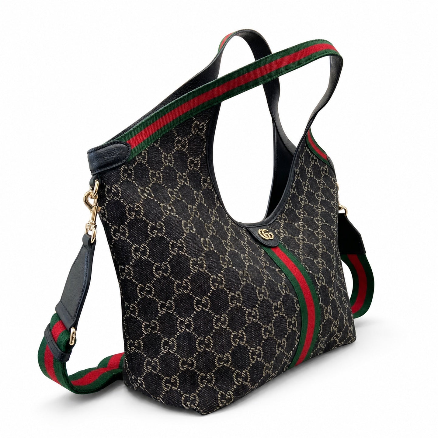 Gucci Giglio Cotton Denim Leather Black White Red Blue Gold Tote Bag