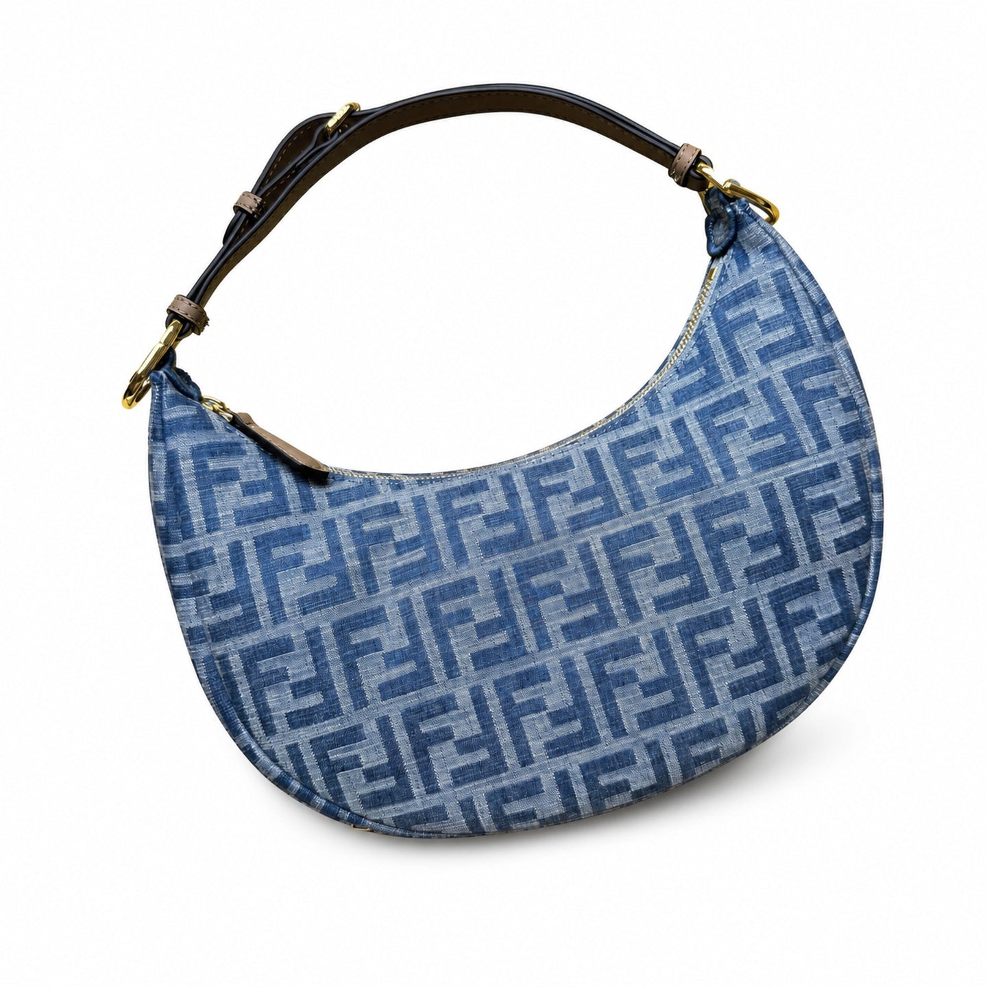 Fendi Fendigraphy Small Denim Leather Beige Blue Gold Hobo Bag