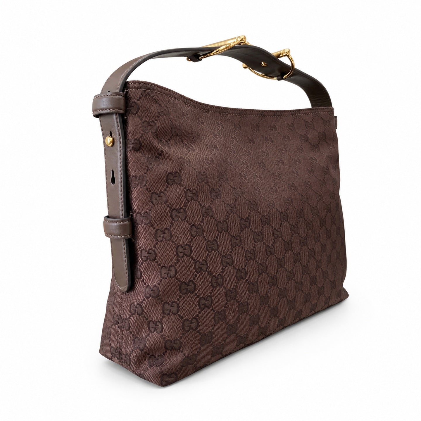 Gucci Horsebit Cotton Canvas Brown Gold Handbag