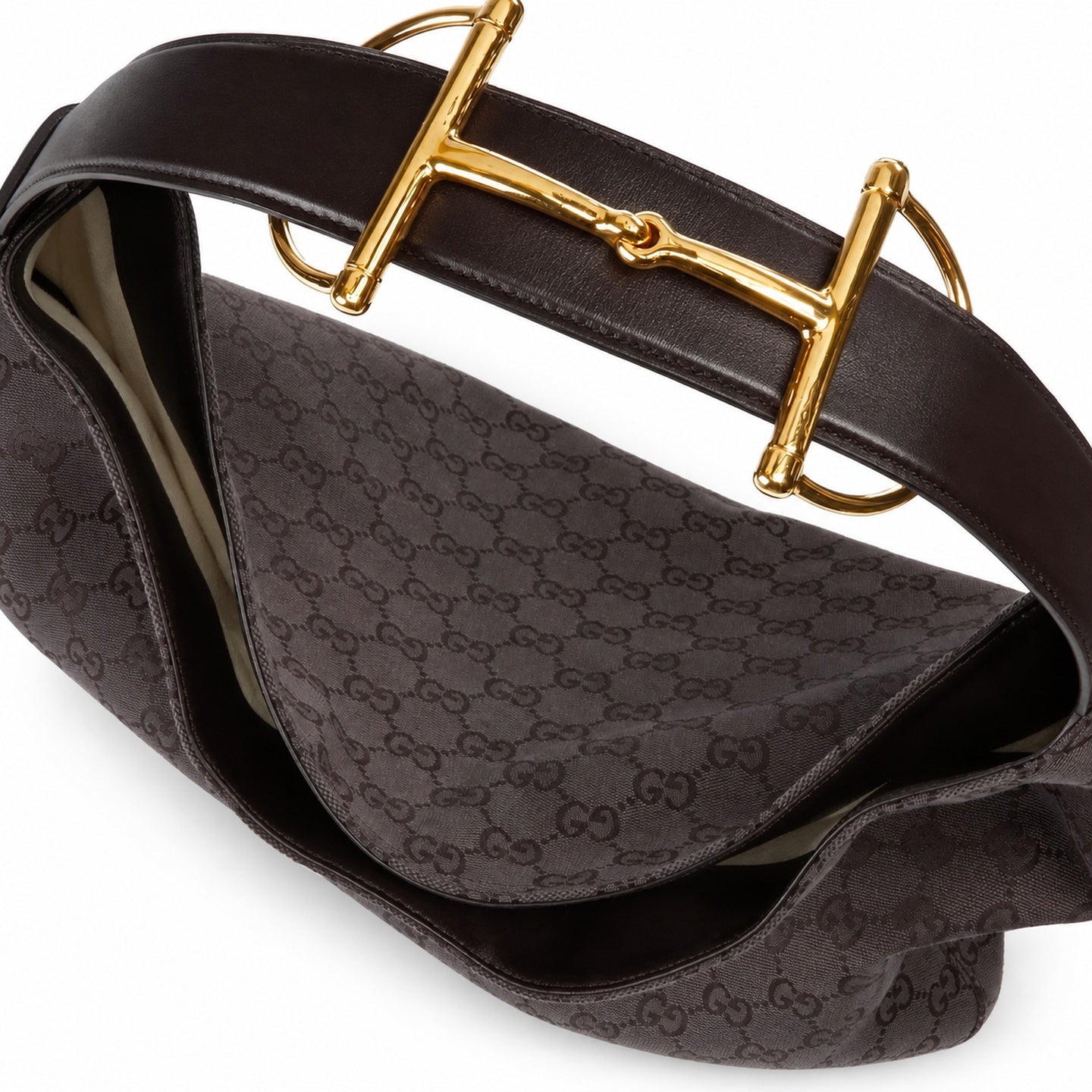 Gucci Horsebit Cotton Canvas Beige Brown Gold Handbag