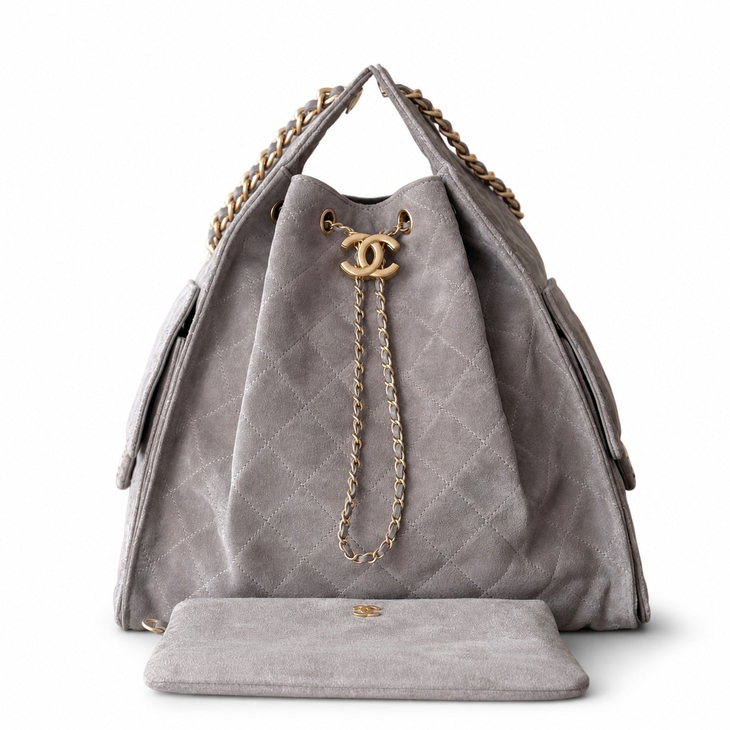 Chanel Large Suede Leather Black Gold Shopping Bag