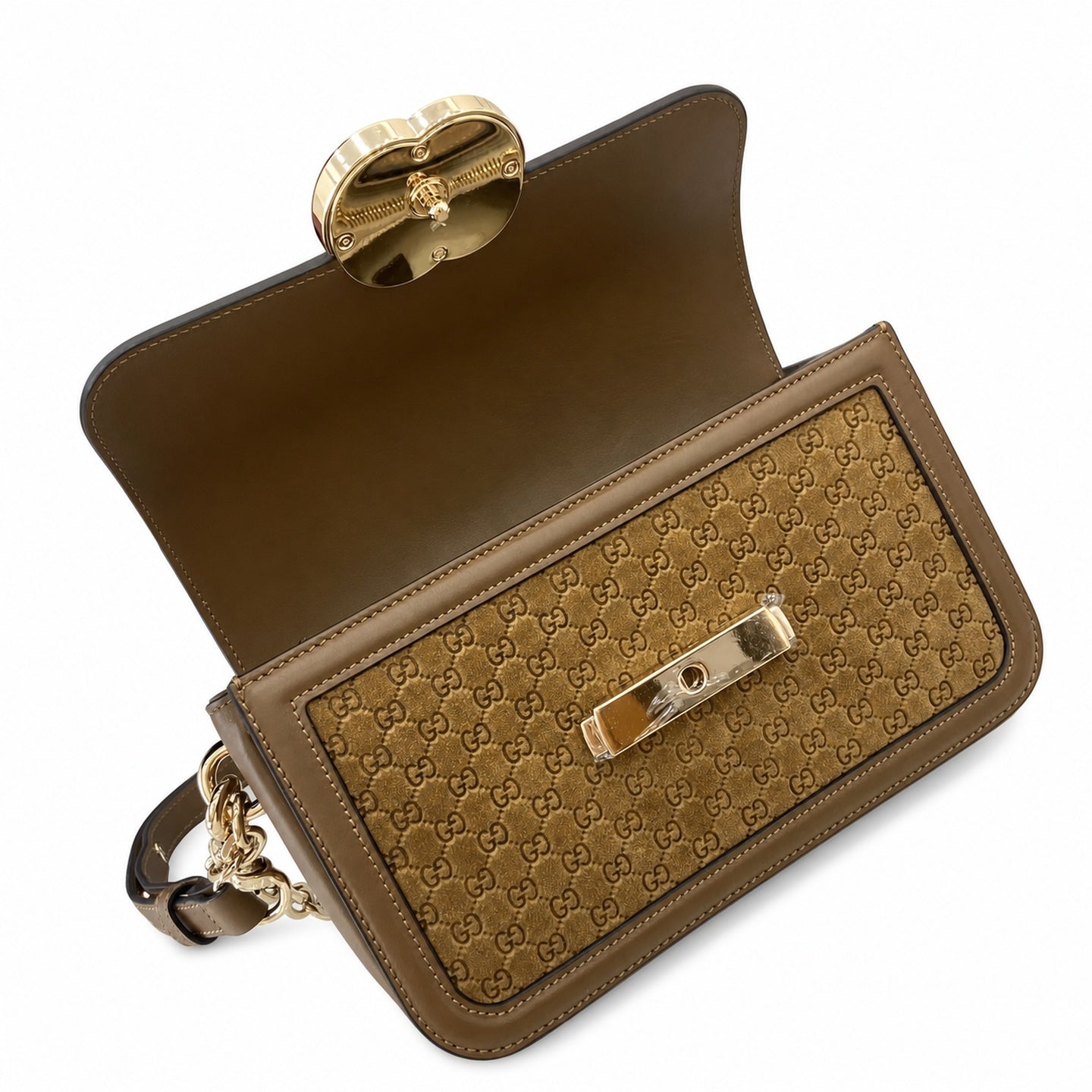 Gucci Cotton Suede Velvet Leather Beige Brown Gold Shoulder Bag