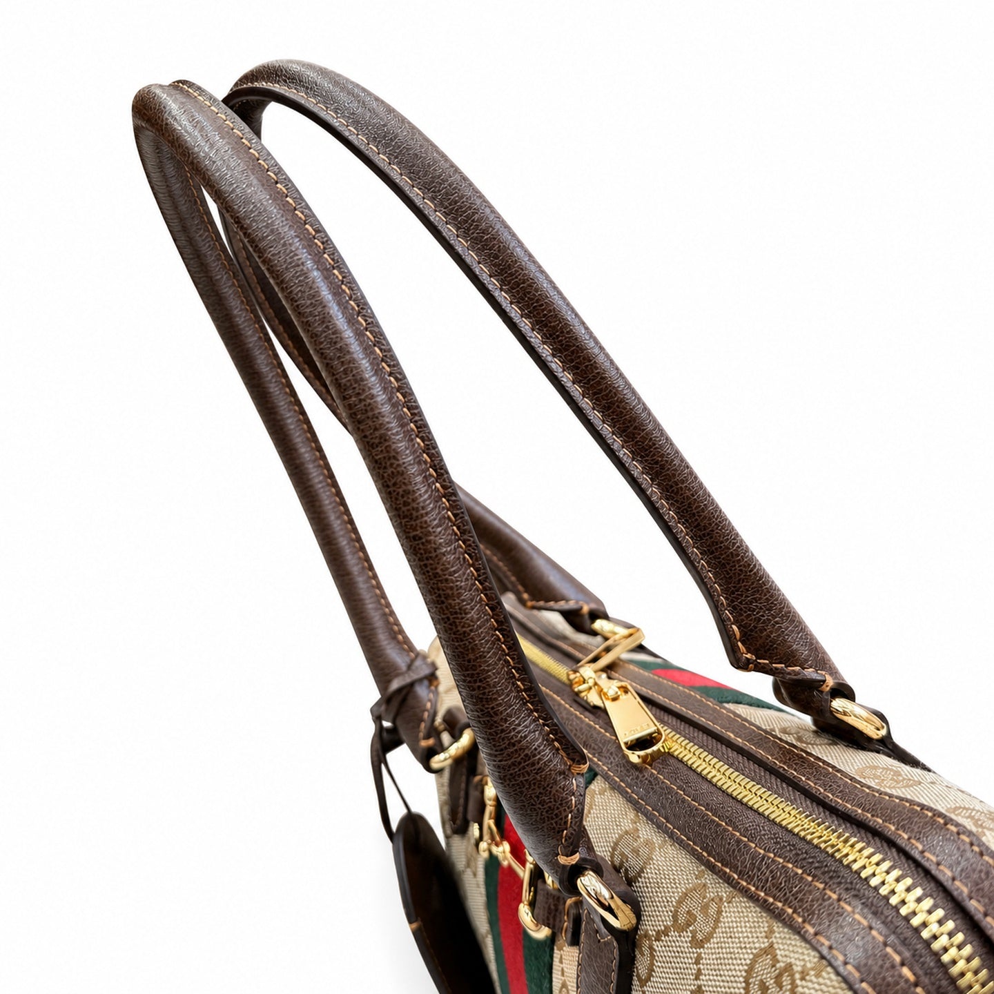Gucci Horsebit Double Zip Canvas Leather Beige Brown Gold Handbag