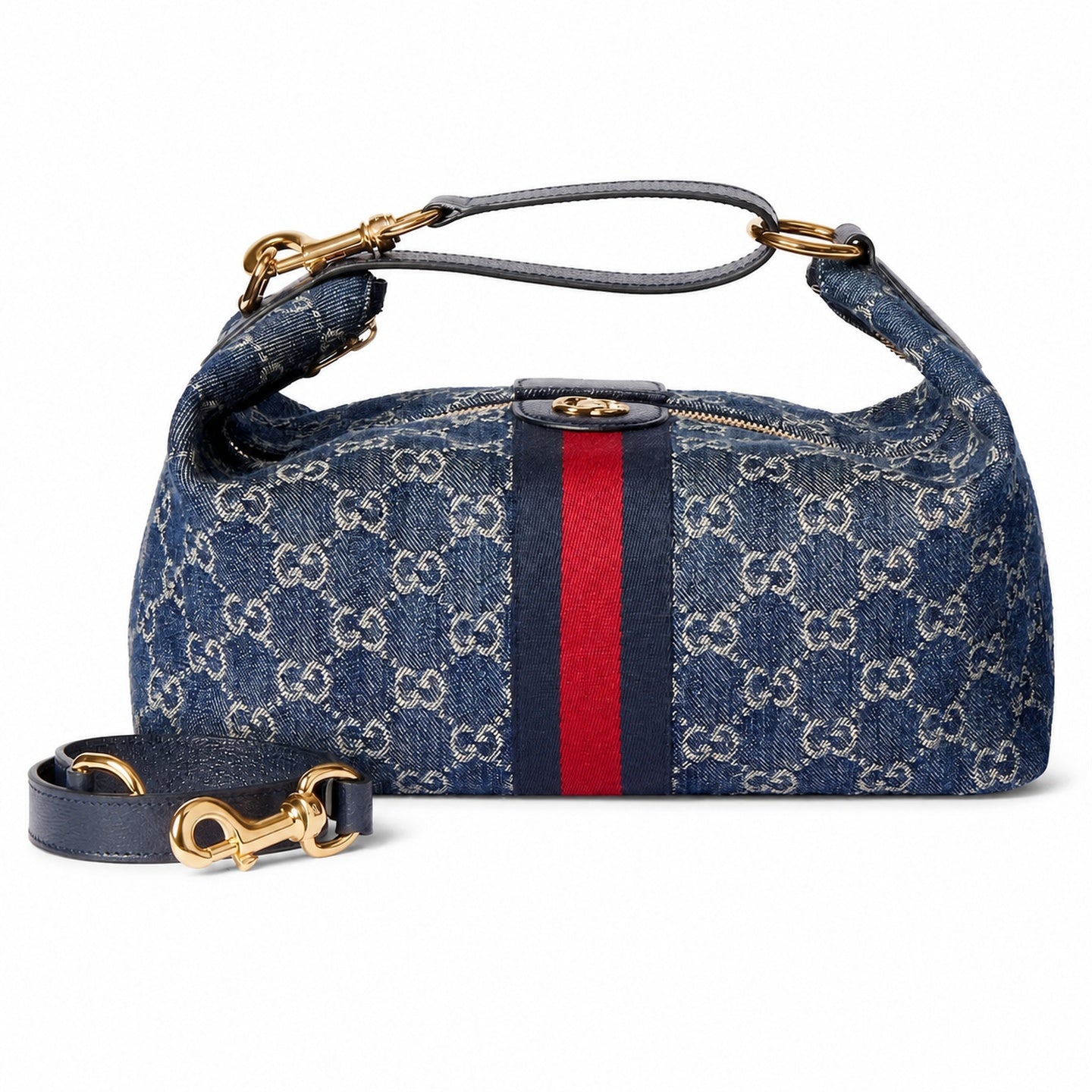 Gucci Cotton Denim Leather White Brown Blue Gold Bag