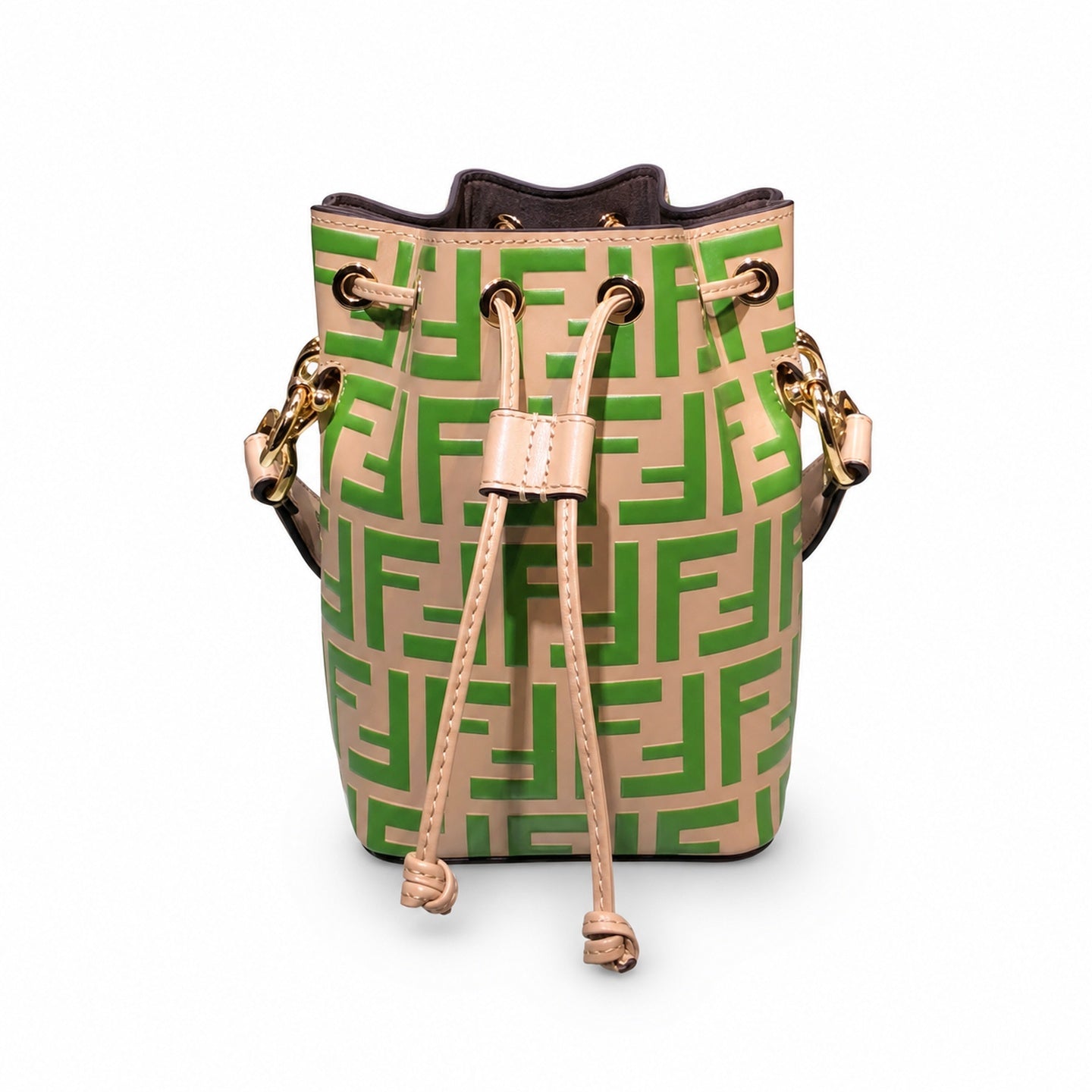 Fendi Mon Tresor Small Leather Beige Green Gold Bucket Bag