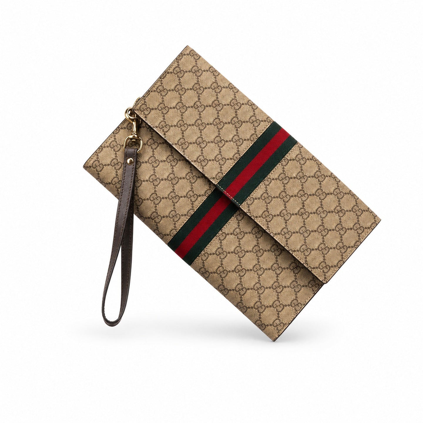 Gucci Canvas Leather Brown Red Green Gold Clutch