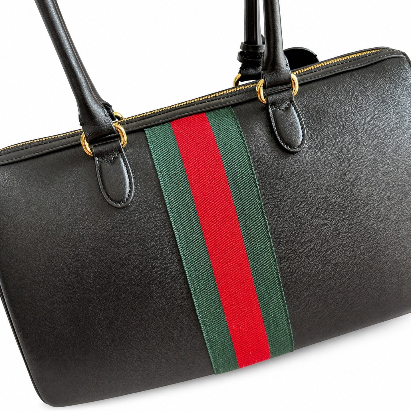 Gucci Horsebit Double Zip Canvas Leather Black Gold Handbag