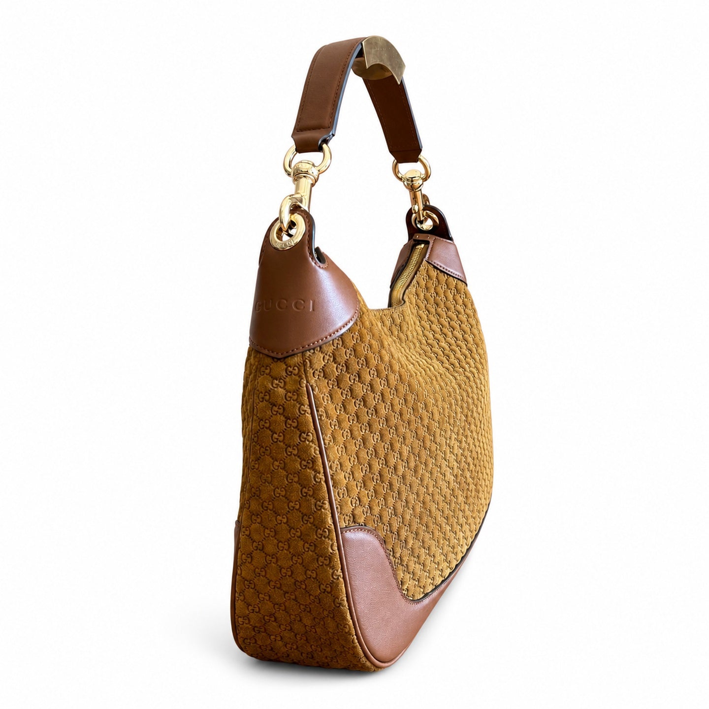 Gucci Cotton Suede Leather Brown Gold Handbag