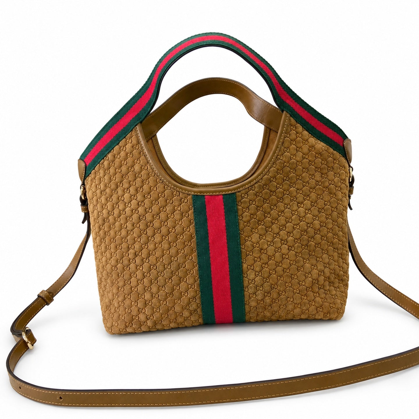Gucci Giglio Small Cotton Suede Canvas Velvet Leather Brown Red Green Gold Tote Bag