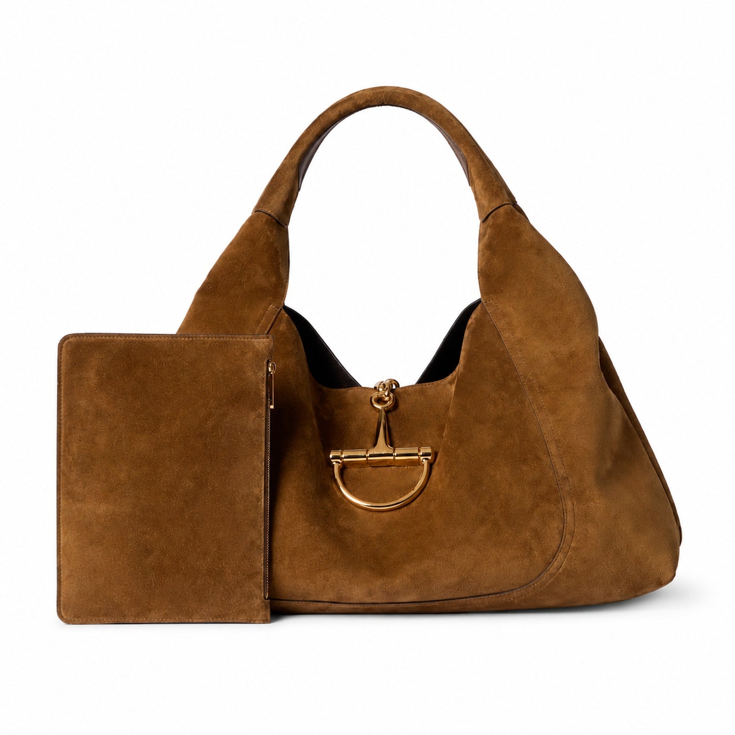 Gucci Horsebit Large Suede Brown Gold Shoulder Bag