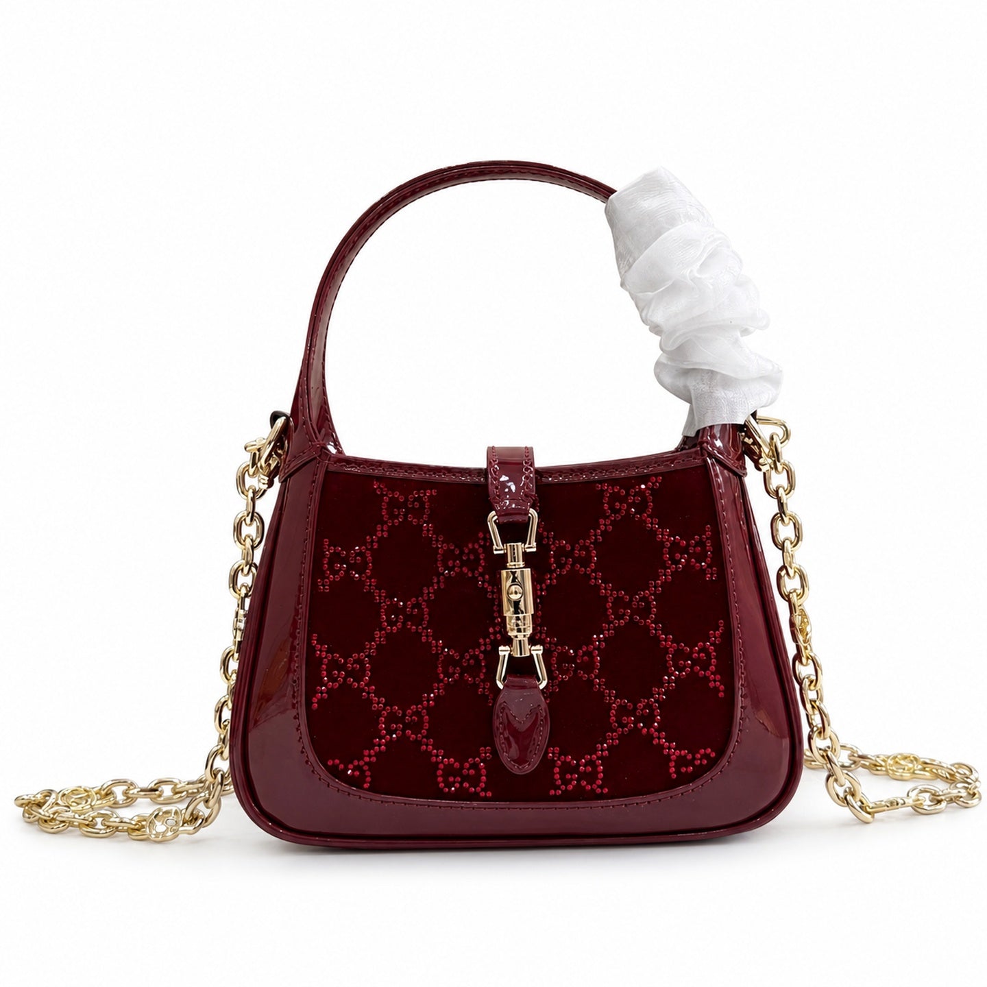 Gucci Jackie 1961 Silk Velvet Leather Red Gold Handbag