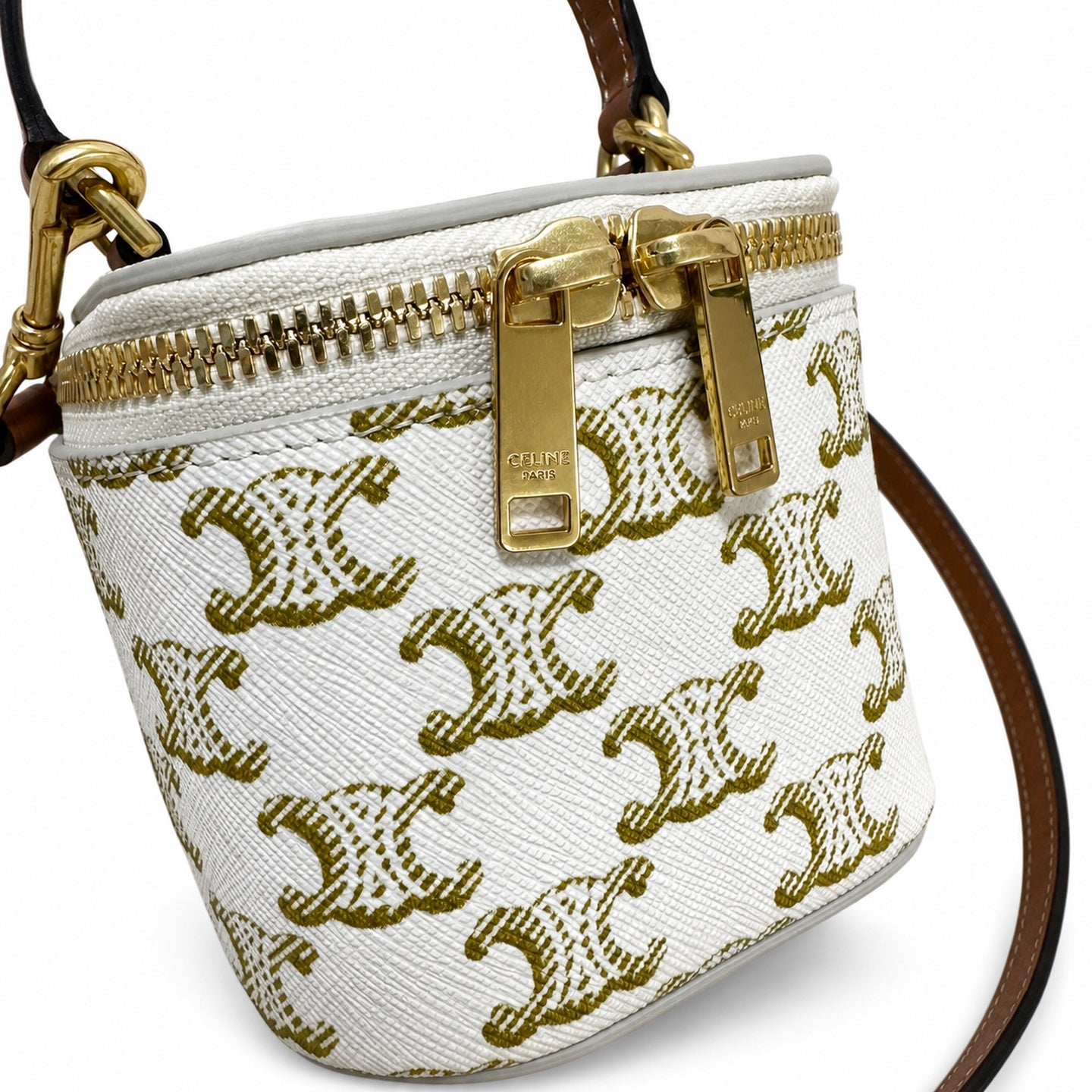 Celine Double Zip Small White Brown Bag