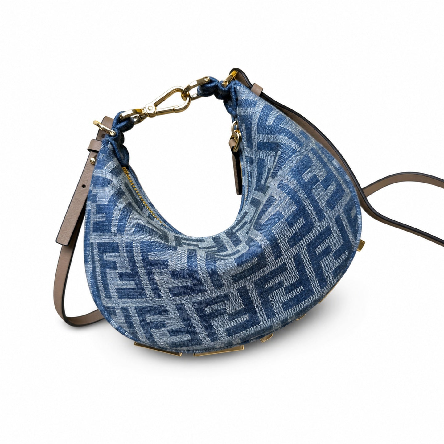 Fendi Mini Denim Leather Beige Blue Gold Hobo Bag