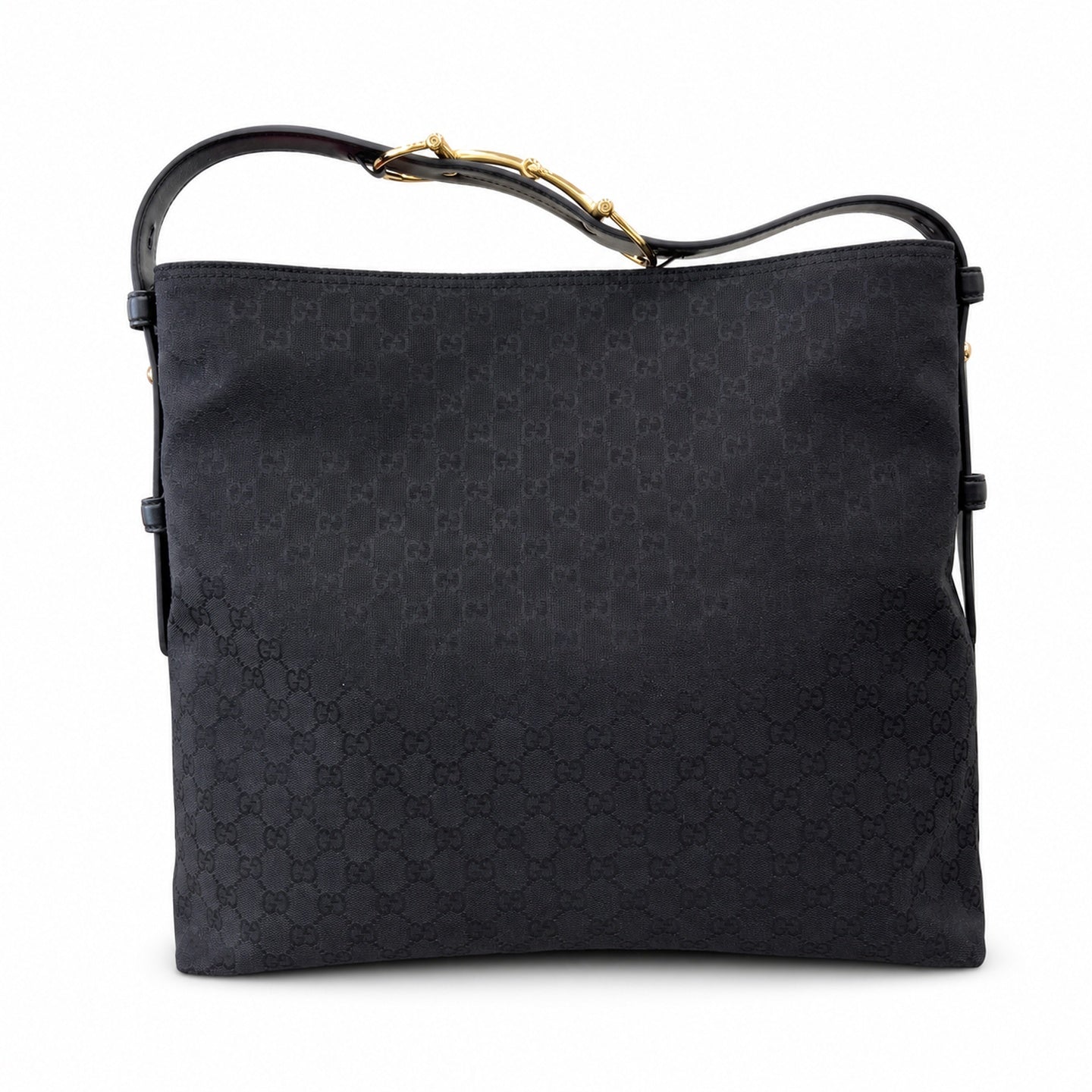 Gucci Horsebit Cotton Canvas Leather Black Beige Gold Handbag