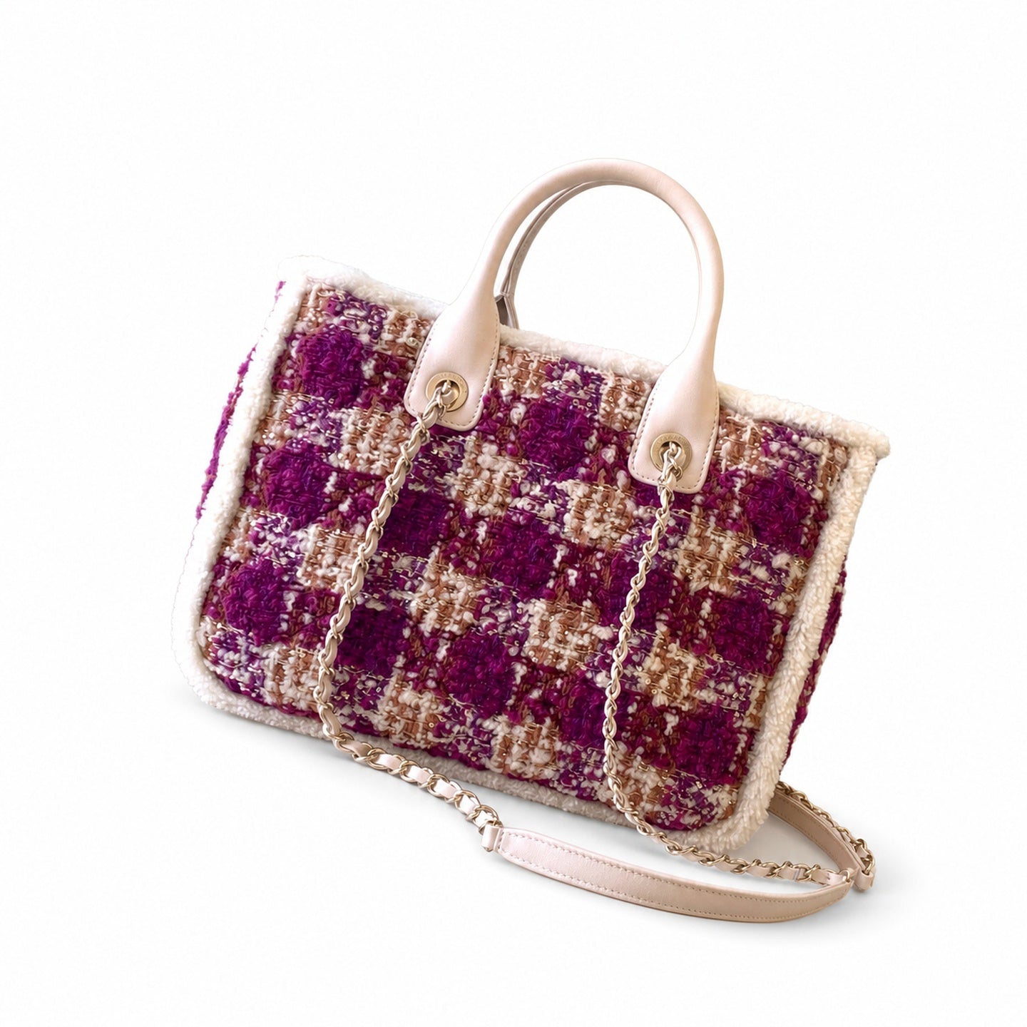 Chanel 25 Tweed Leather Check White Purple Handbag