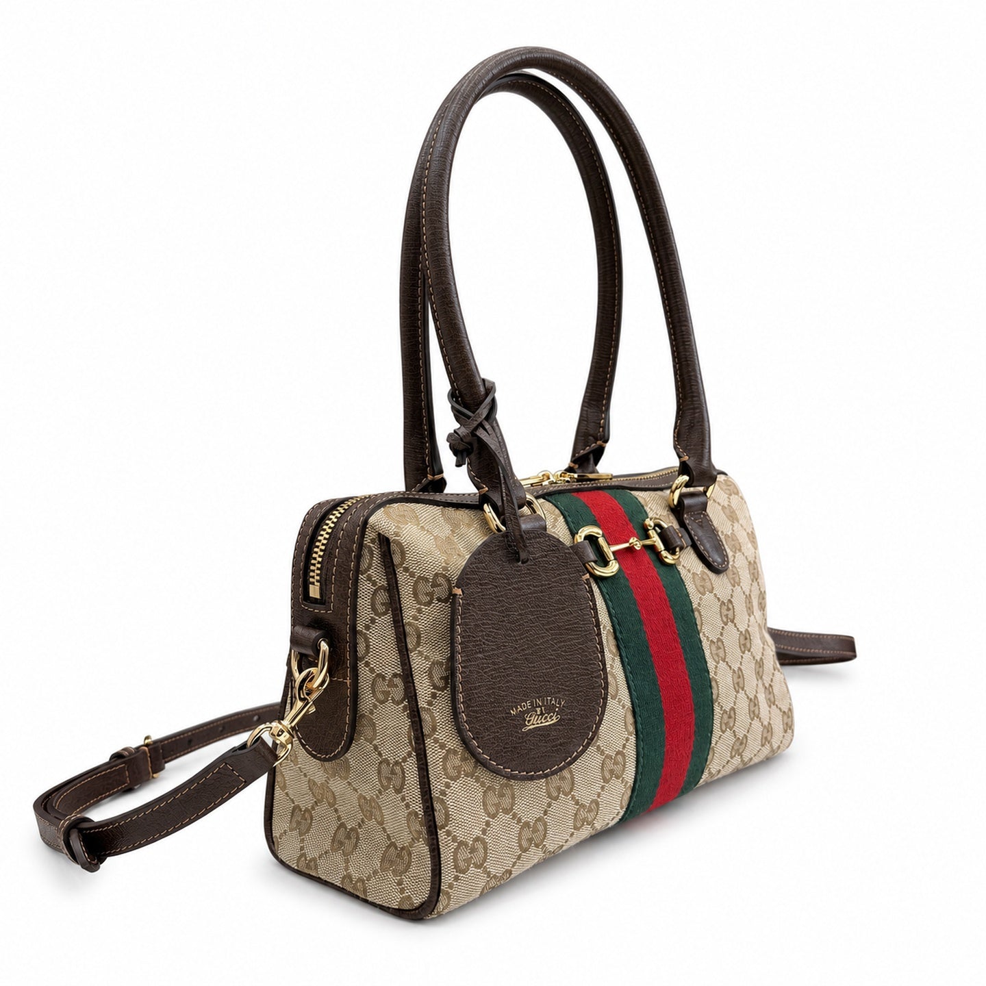 Gucci Horsebit Double Zip Canvas Leather Beige Brown Gold Handbag