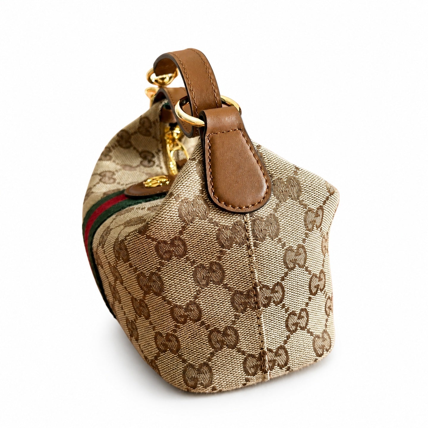 Gucci Cotton Canvas Leather Beige Brown Green Gold Bag