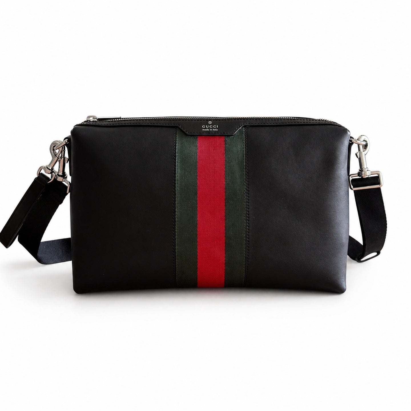 Gucci Nylon Leather Black Red Green Silver Handbag