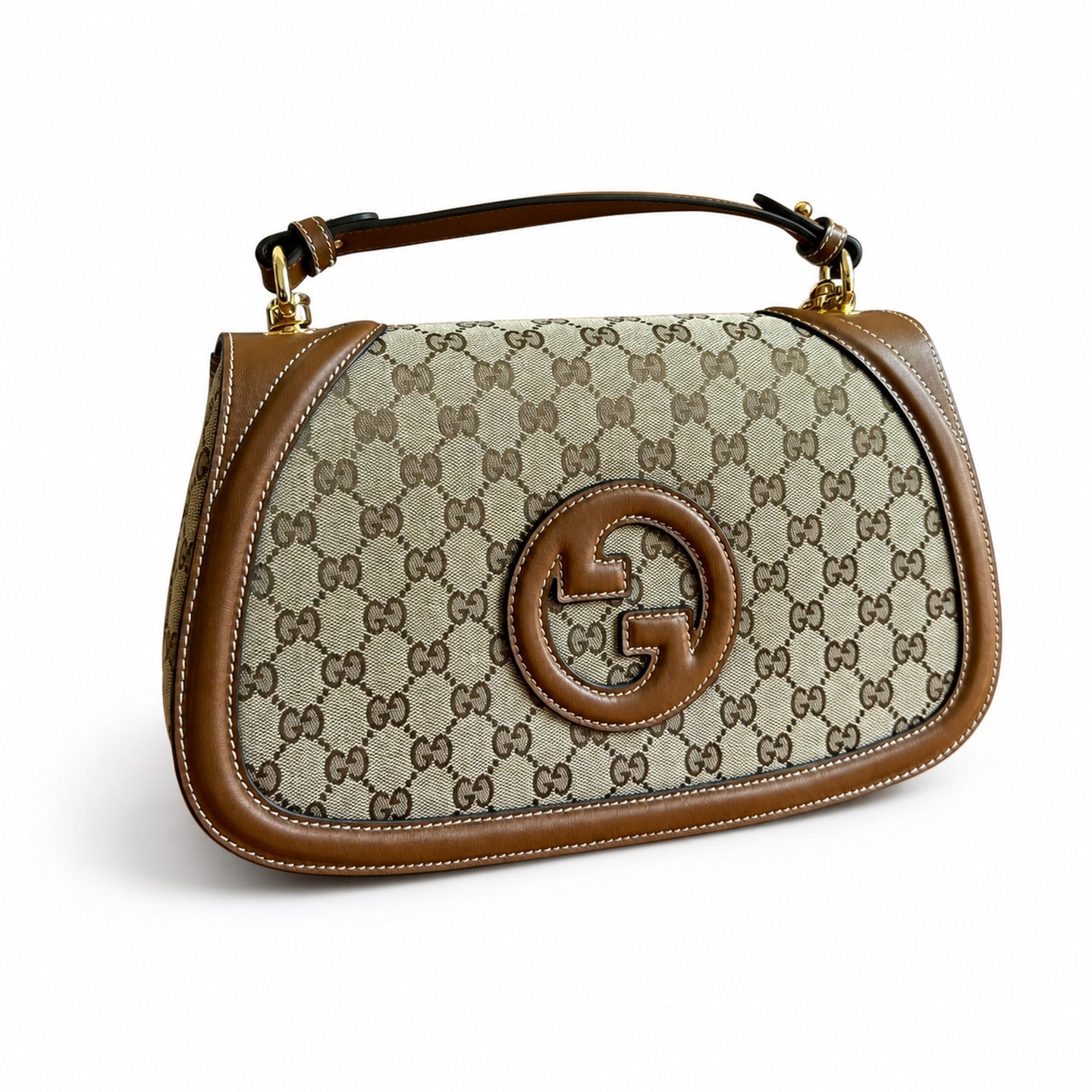 Gucci Blondie Medium Cotton Canvas Leather Beige Brown Gold Handbag