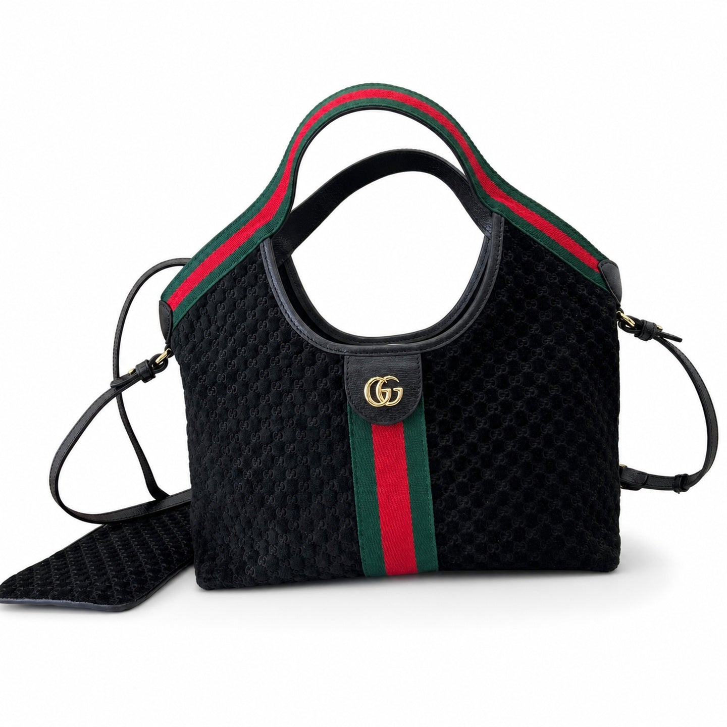 Gucci Giglio Small Cotton Suede Canvas Velvet Leather Black Red Green Gold Tote Bag