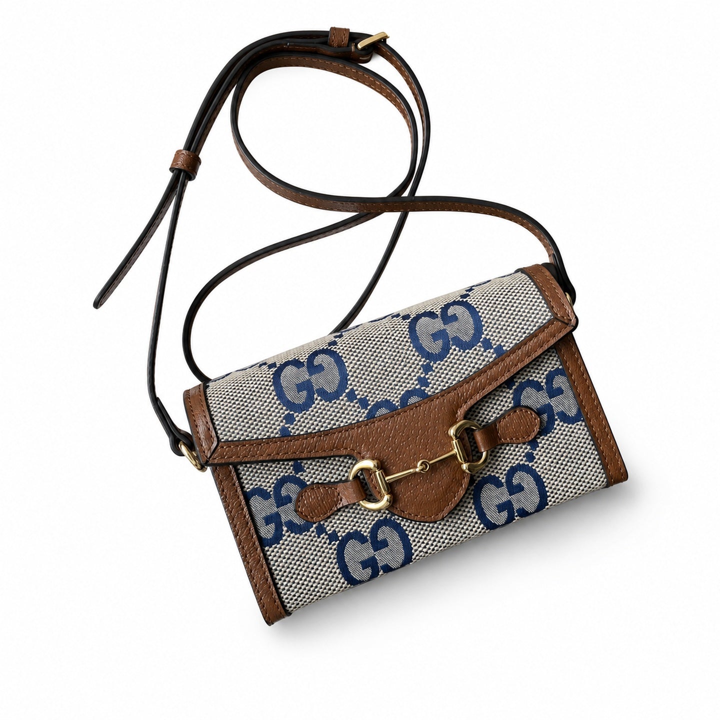 Gucci Horsebit 1955 Mini Cotton Canvas Leather Brown Blue Handbag
