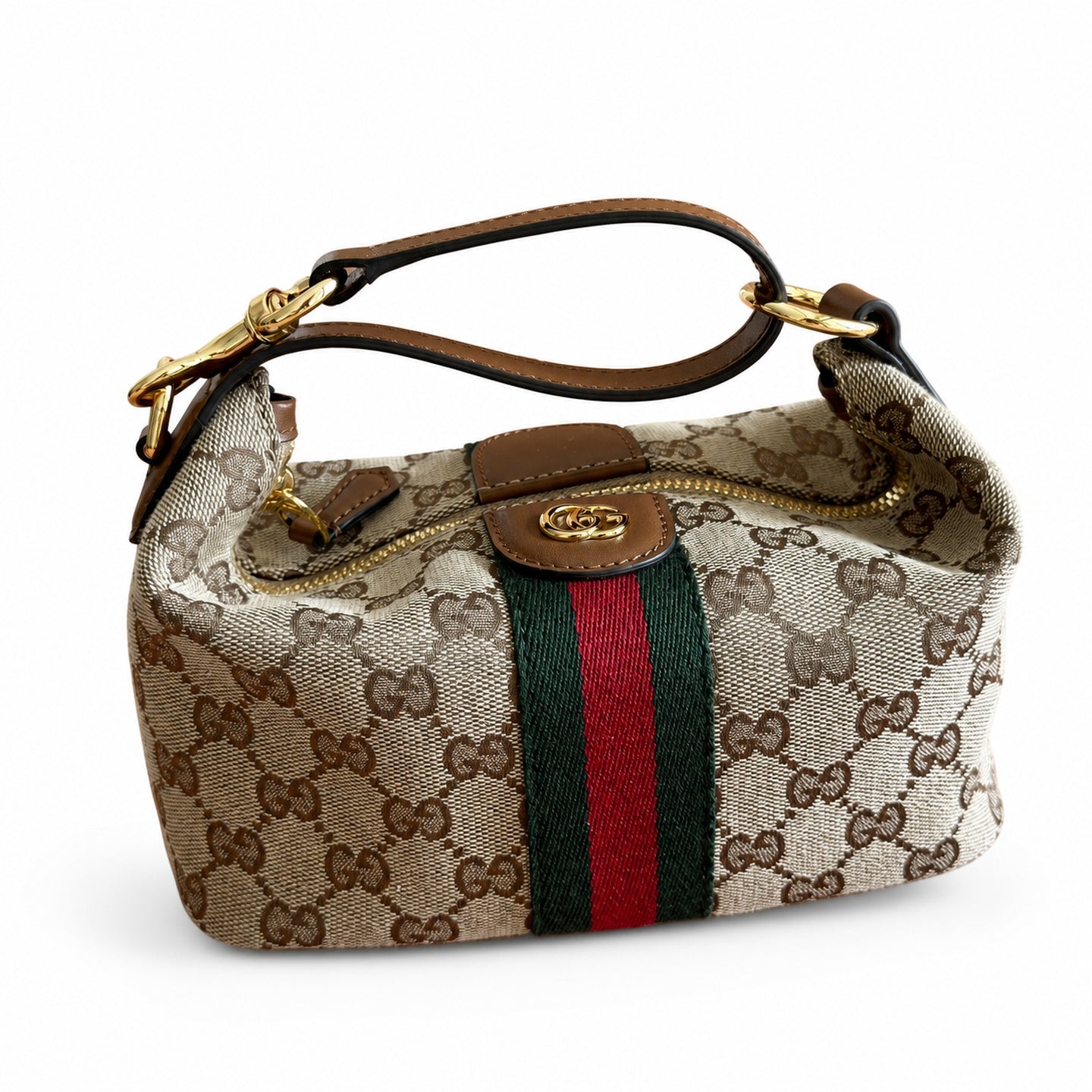 Gucci Cotton Canvas Leather Beige Brown Green Gold Bag