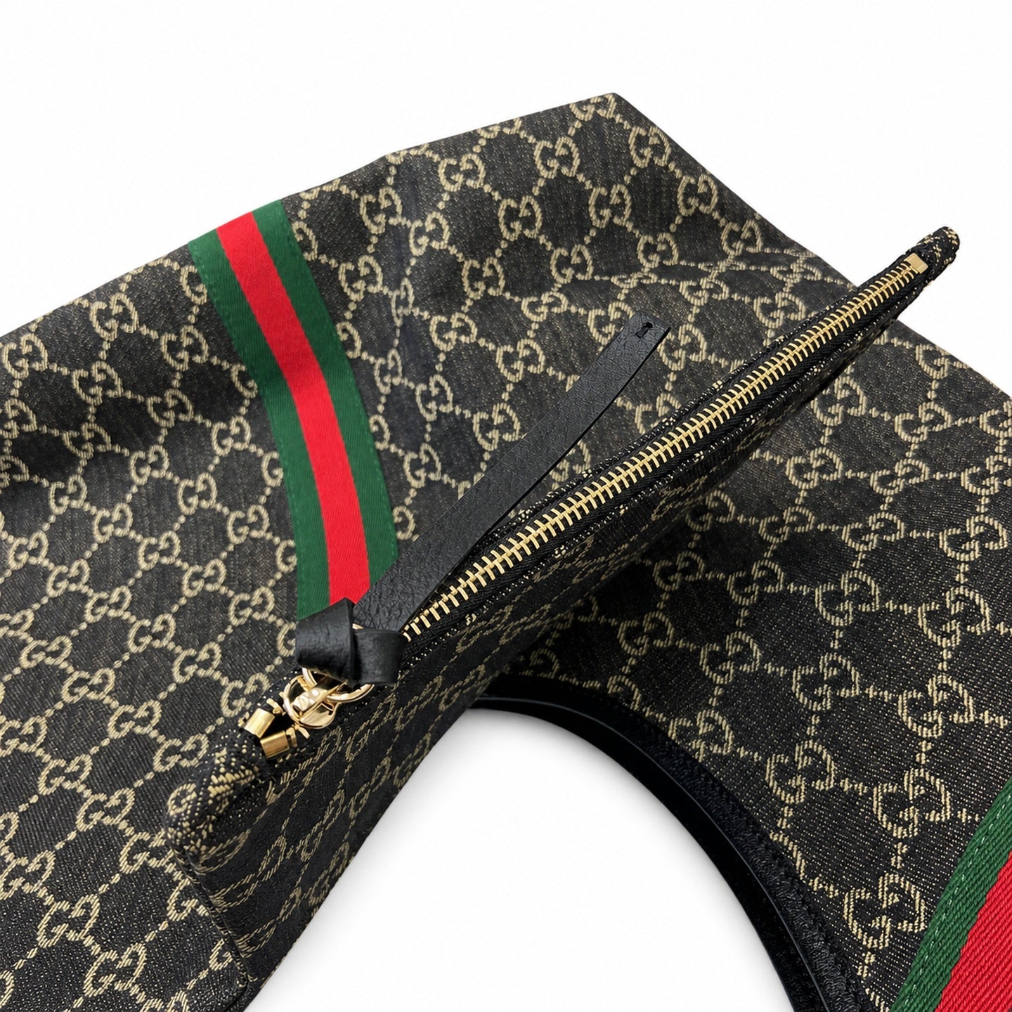 Gucci Giglio Cotton Denim Leather Black White Red Blue Gold Tote Bag