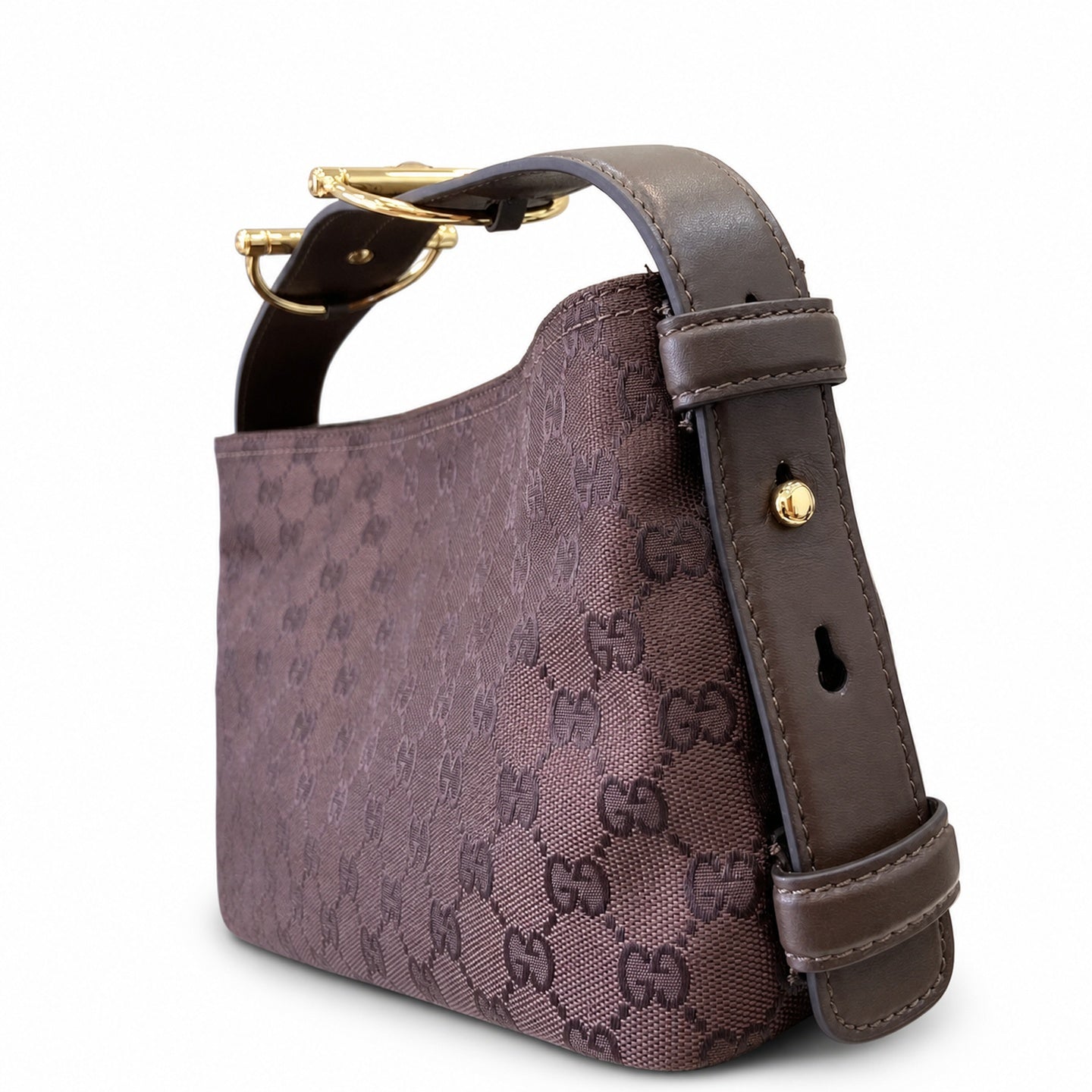 Gucci Horsebit Cotton Canvas Brown Gold Handbag